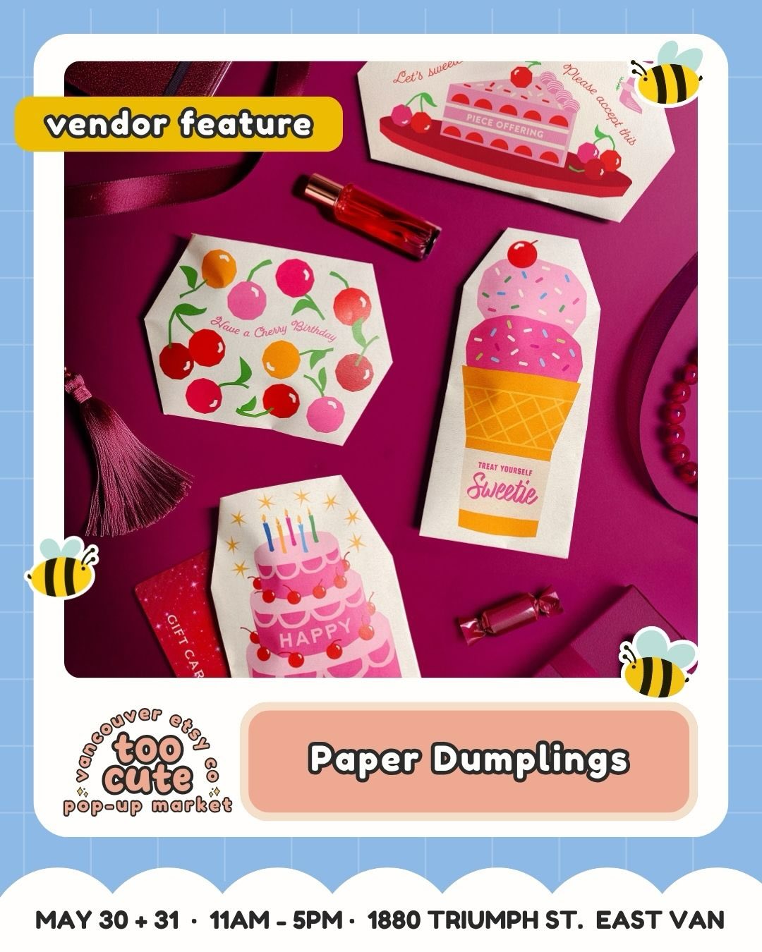 For the a stationery-lover stop lovers ✨
Meet Paper Dumplings @paperdumplings — bringing paper gift envelopes + canvas zipper pouches to TOO CUTE.
Paper Dumplings is a mother–son venture creating handcrafted paper gift envelopes and zipper pouches. Trang Mai’s journey—from factory floors to running a beloved café and bakery—brings handmade craftsmanship and heart. Her son Robert, a designer and illustrator with a playful streak, adds quirky graphic flair. Inspired by Vietnamese bao lì xì, our paper gift pouches are a joyful new way to share traditions and celebrate your favourite people.
They’re all about the maker of Happy, and their booth is such a sweet stop for anyone who loves discovering local Canadian makers.
Come say hi, browse their creations, and make a day of it with us in East Van.
🎟️ Want the ticket link? Comment TICKETS and we’ll send it straight to your DMs.
Tickets are just $3 and good for both days | Kids 12 + under FREE
💰 Buy early = more chances to win market cash + swag!
For every 100 tickets sold, we’ll draw for market cash or swag to spend at the market.
💙 50% of ticket proceeds benefit Backpack Buddies Canada + Quest Non-Profit Grocery Market.
🎭 Come in costume for a bonus ballot! Keep it family-friendly and you’ll be entered to win a prize package.
🗓️ Sat May 30 + Sun May 31 | 11am–5pm
📍 Maritime Labour Centre, 1880 Triumph St, East Van
🐶 Pet-friendly + fully accessible
🎀 Comment TICKETS to grab yours!
#VancouverEtsyCo #TooCuteMarket #VancouverMarket #VancouverMakers #EastVan