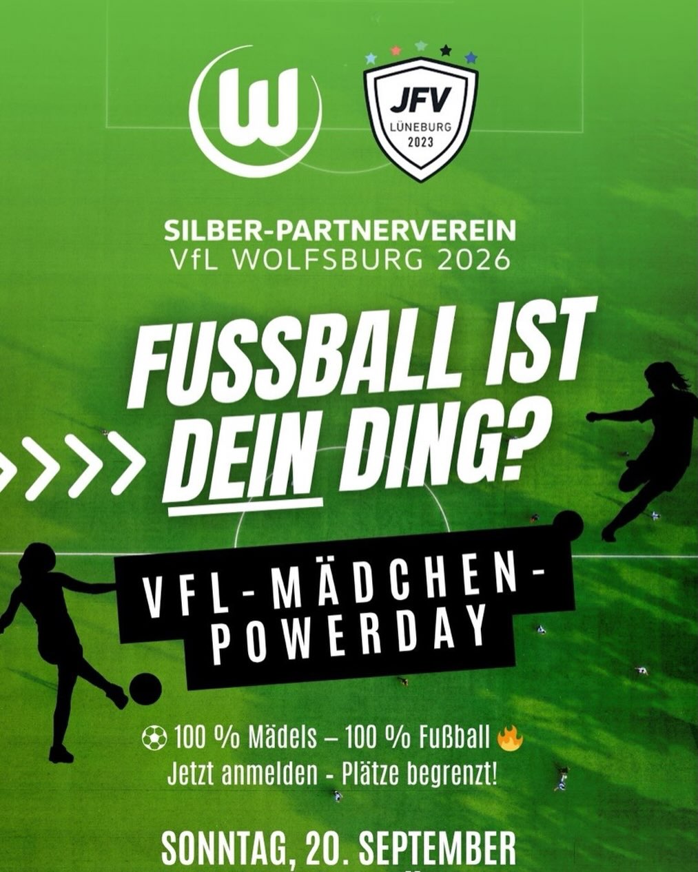 ⚽💚 MÄDCHEN AUFGEPASST! 💚⚽
Am 20. September kommt der Powerday der VfL Wolfsburg Fußballschule zu uns nach Lüneburg! 🔥
Gemeinsam mit dem JFV Lüneburg e.V. erwartet euch ein unvergesslicher Trainingstag voller Spaß, Action und professioneller Tipps von erfahrenen Trainer*innen. 💪⚽
Egal ob Anfängerin oder schon mit Erfahrung – hier steht der Spaß am Fußball im Mittelpunkt! 🙌
📅 Datum: 20.09.
📍 Ort: Lüneburg, Am Grasweg 27
🔗 Anmeldung: Link in der Bio
Sichert euch euren Platz und erlebt einen echten VfL-Trainingstag! 💚🐺