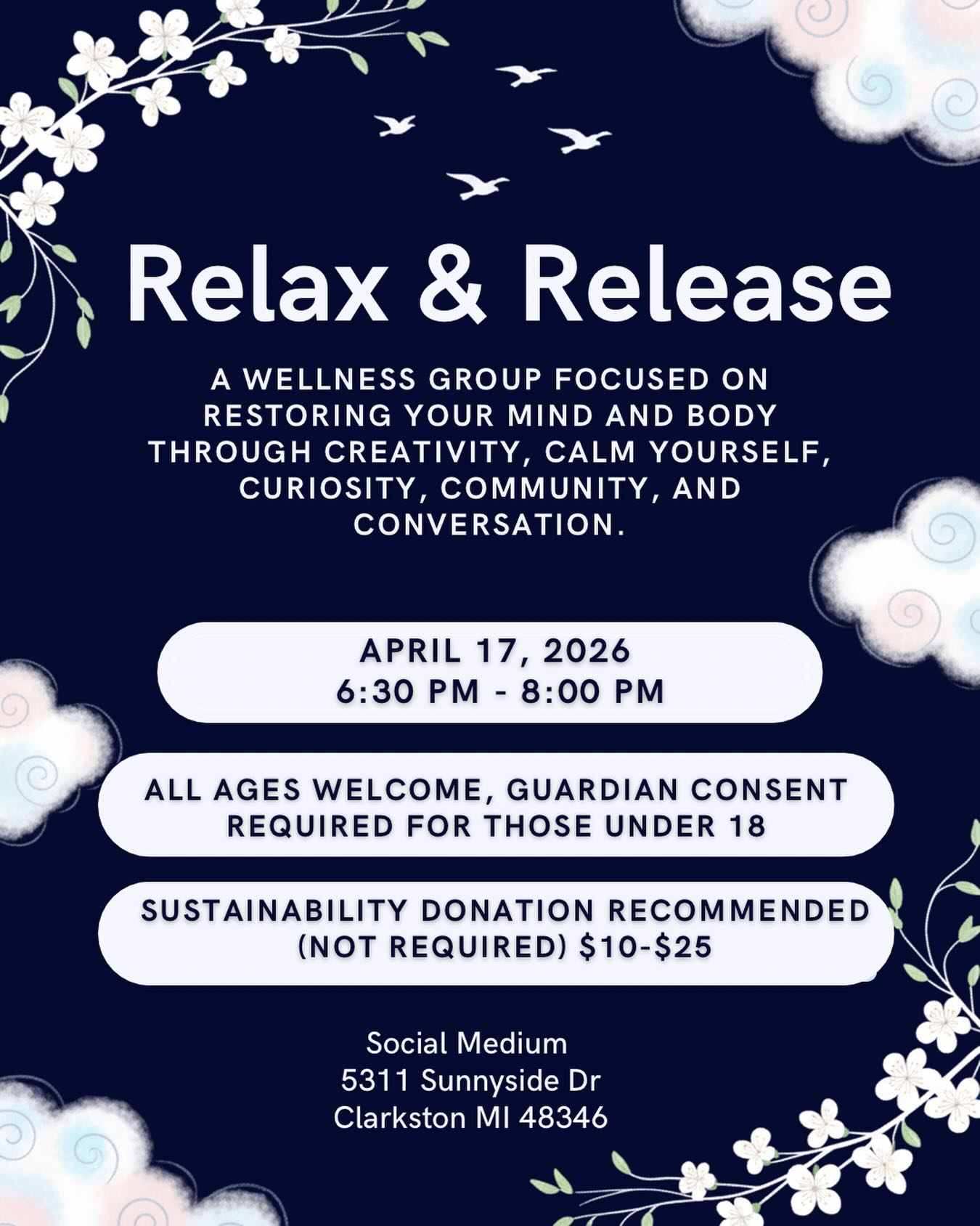 All welcome- no strenuous movements required, participate at your own level.
Nothing required but the following may be useful:
Blanket
Pillow
Stuffies
Comfort items
Journal
We will provide: floor seating, couch seating, blankets, limited pillows, any required items