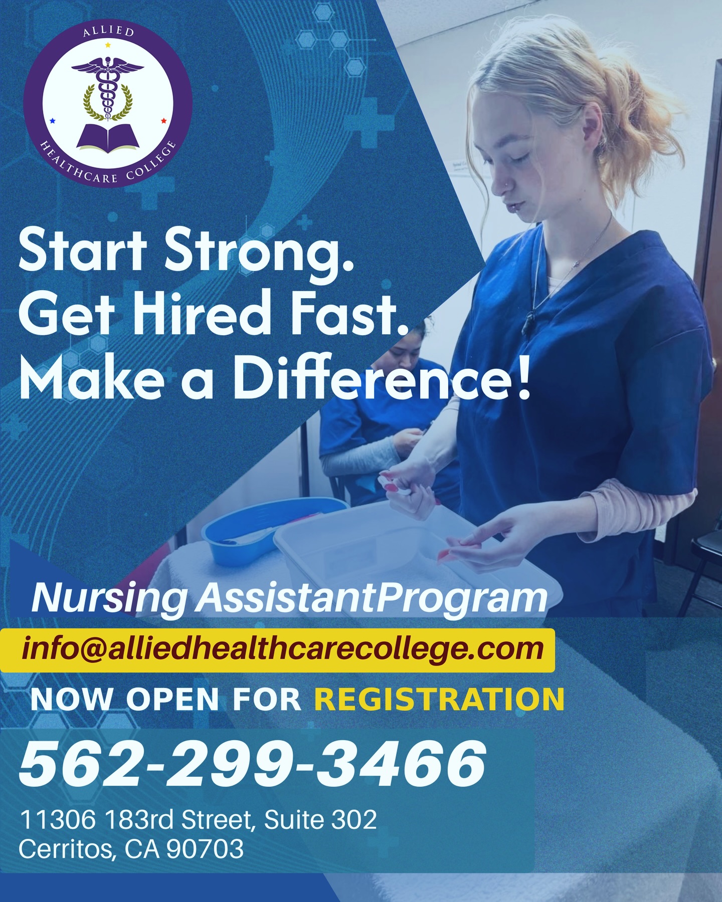 Start strong. Get hired fast. Make a difference!
Become a Nursing Assistant—train quickly, earn sooner, and step into a career that truly matters. 💙🩺
✔️ Real-World Patient Care Experience
✔️ Career-Ready in Only 6 Weeks
✔️ Direct Path to Healthcare Employment
⏳ Now Open for Registration!
📩 Contact us today: alliedhealthcarecollege@gmail.com
📞: 562-299-3466
#AlliedHealthcareCollege #NursingAssistant #nurseassistant #certifiednursingassistant #nowenrolling