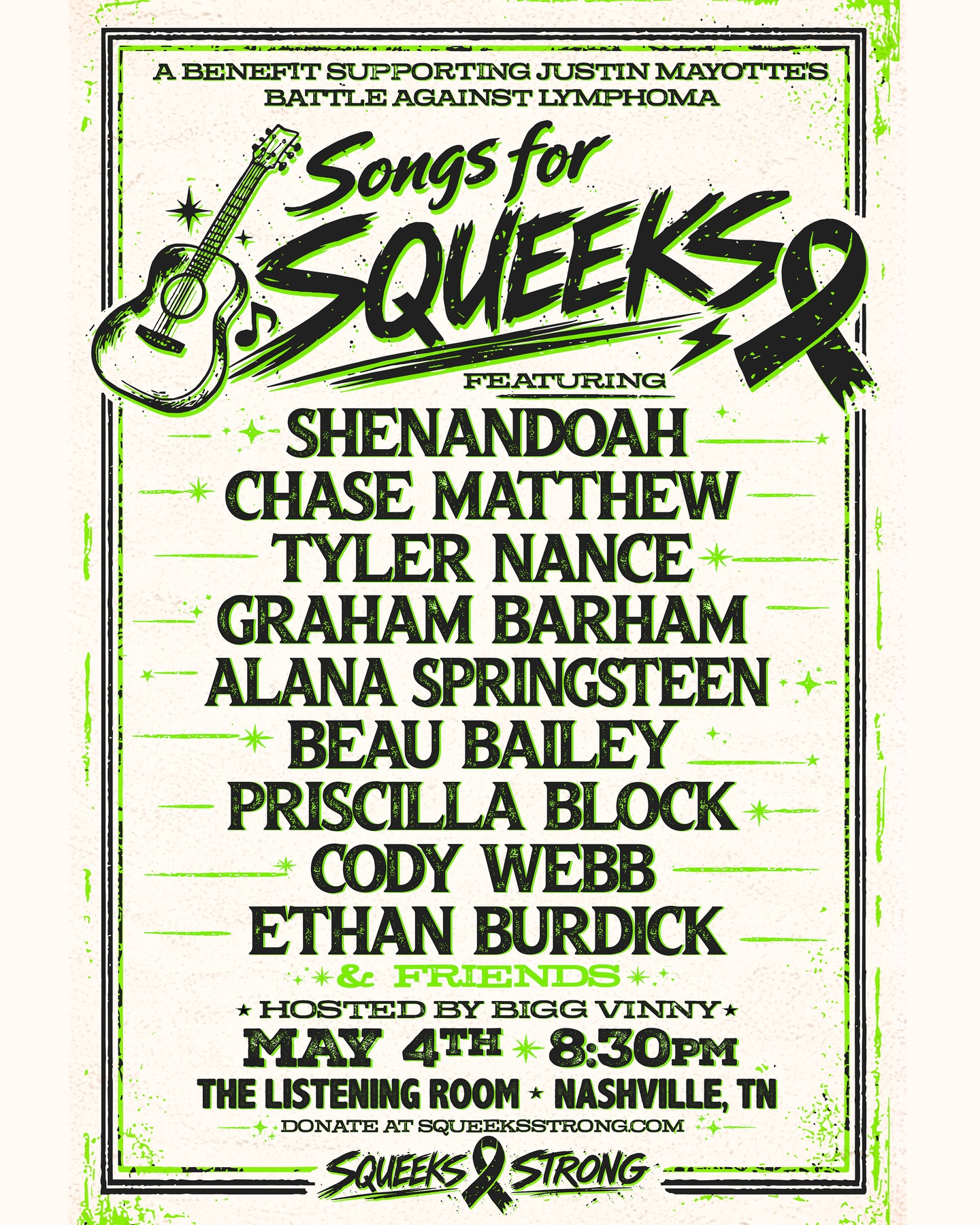 On May 4th, we’ll join some great friends at @listeningroomcafe in Nashville for Songs for Squeeks, a benefit supporting Justin “Squeeks” Mayotte in his fight against lymphoma. Lead singer Marty Raybon will represent the group for the special night.
Together with @iamchasematthew @tylernancemusic @grahambarham @alanaspringsteen @beaubayleymusic @priscillablock @codywebbcountry @ethanrburdick and more, it’s going to be a powerful night of music and community.
If you can’t make it, you can still support.
Tickets/Donate: squeeksstrong.com
Let’s show up for Squeeks.