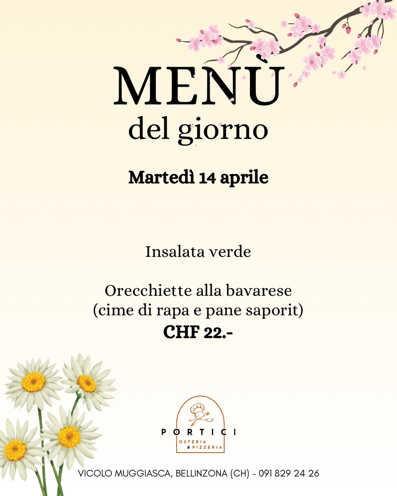 🌼 Menù del giorno – Martedì 14 aprile
• Insalata verde
• Orecchiette alla bavarese (cime di rapa e pane saporito) – CHF 22.–
#MenuDelGiorno #PorticiBellinzona #BellinzonaFood #FoodTicino #PiattiDelGiorno CucinaItaliana PastaLovers Orecchiette MangiareBene TicinoFood LunchTime SaporiItaliani RistoranteBellinzona