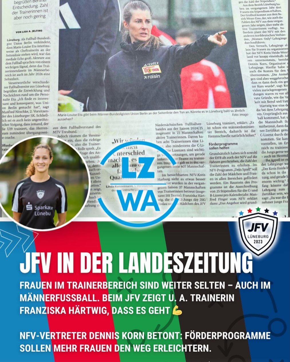 🗞️ JFV in der Landeszeitung (Wochenendausgabe)
Das Thema Frauen im Trainerbereich rückt immer mehr in den Fokus – doch sie sind im Fußball, vor allem im Männerbereich, noch immer selten.
Mit Franziska Härtwig zeigt auch der JFV, dass es geht 💪
Gleichzeitig betont NFV-Vertreter Dennis Korn, wie wichtig gezielte Förderprogramme sind, um mehr Frauen den Weg an die Seitenlinie zu ermöglichen.
➡️ Ein wichtiges Signal für die Zukunft des Fußballs!
#JFV #FrauenImFussball #Trainerinnen #Fußball #Lüneburg NFV DFB