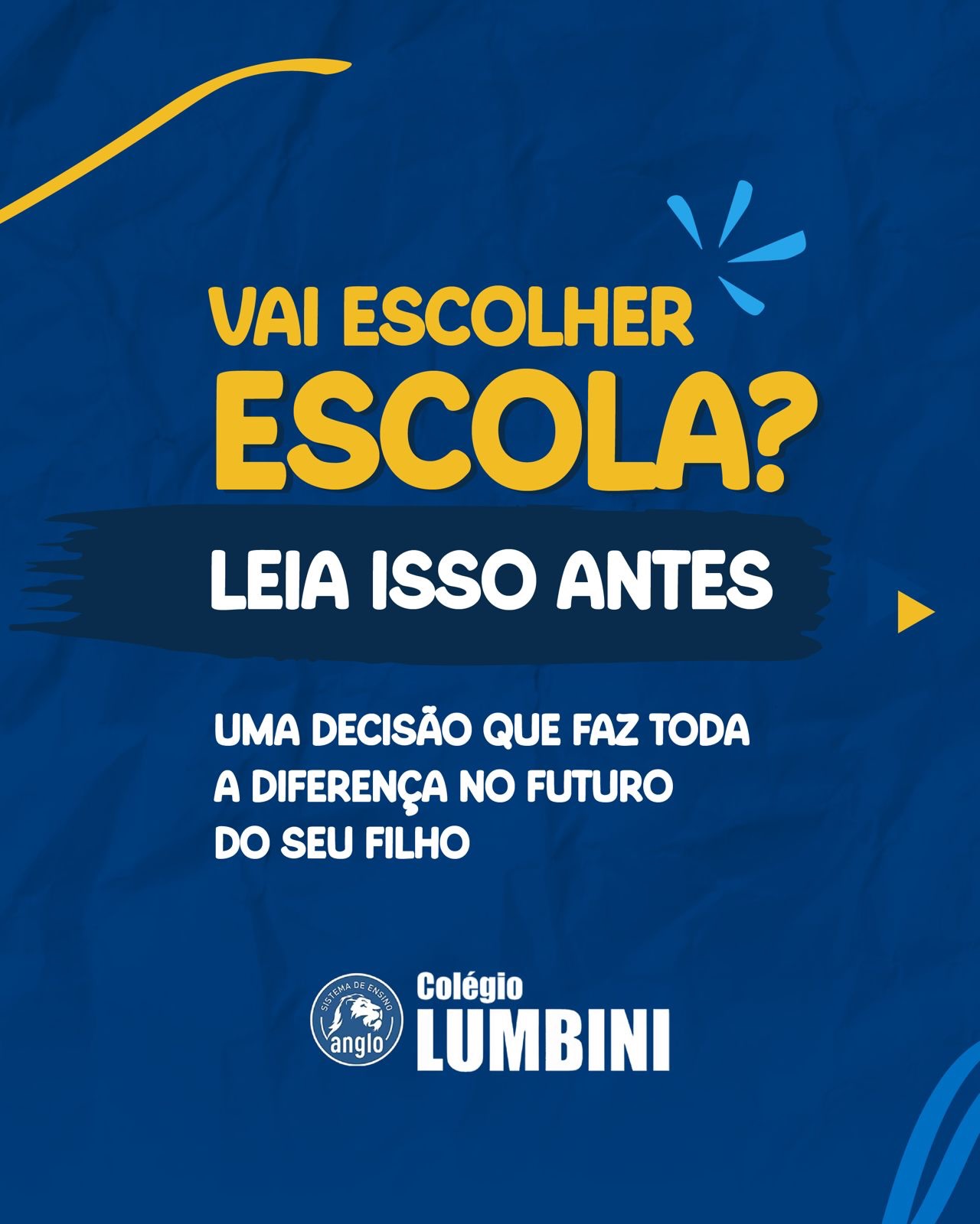 📚 VAI ESCOLHER ESCOLA? LEIA ISSO ANTES
Escolher a escola do seu filho é uma das decisões mais importantes e vai muito além do ensino.
É sobre acolhimento, desenvolvimento, valores e experiências que vão acompanhar para a vida toda.
No Colégio Lumbini, cada detalhe é pensado com cuidado e atenção, formando alunos confiantes, preparados e felizes.
Porque aqui, educar é transformar o futuro. 💙