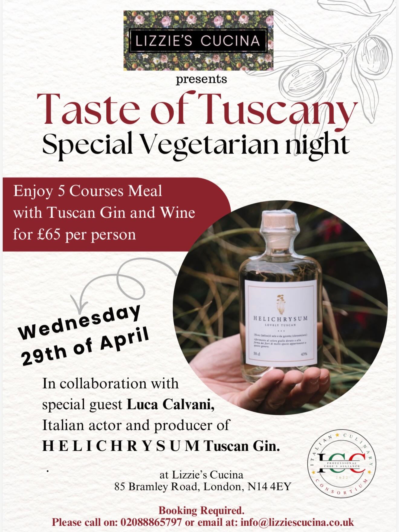 Join us on Wednesday 29 April for an exclusive Vegetarian Tuscan Evening at Lizzie’s Cucina. Meet international actor Luca Calvani—known for his roles in Sex and the City and The Man from U.N.C.L.E.—as he shares the story behind his signature Helichrysum Tuscan Gin.
Enjoy a beautiful 5-course vegetarian menu paired with gin and wine for £65pp. Limited tables are available. Call 020 8886 5797 or visit lizziescucina.co.uk to book your spot.
#lizziescucina #lucacalvani #tuscangin #vegetarianlondon #oakwood