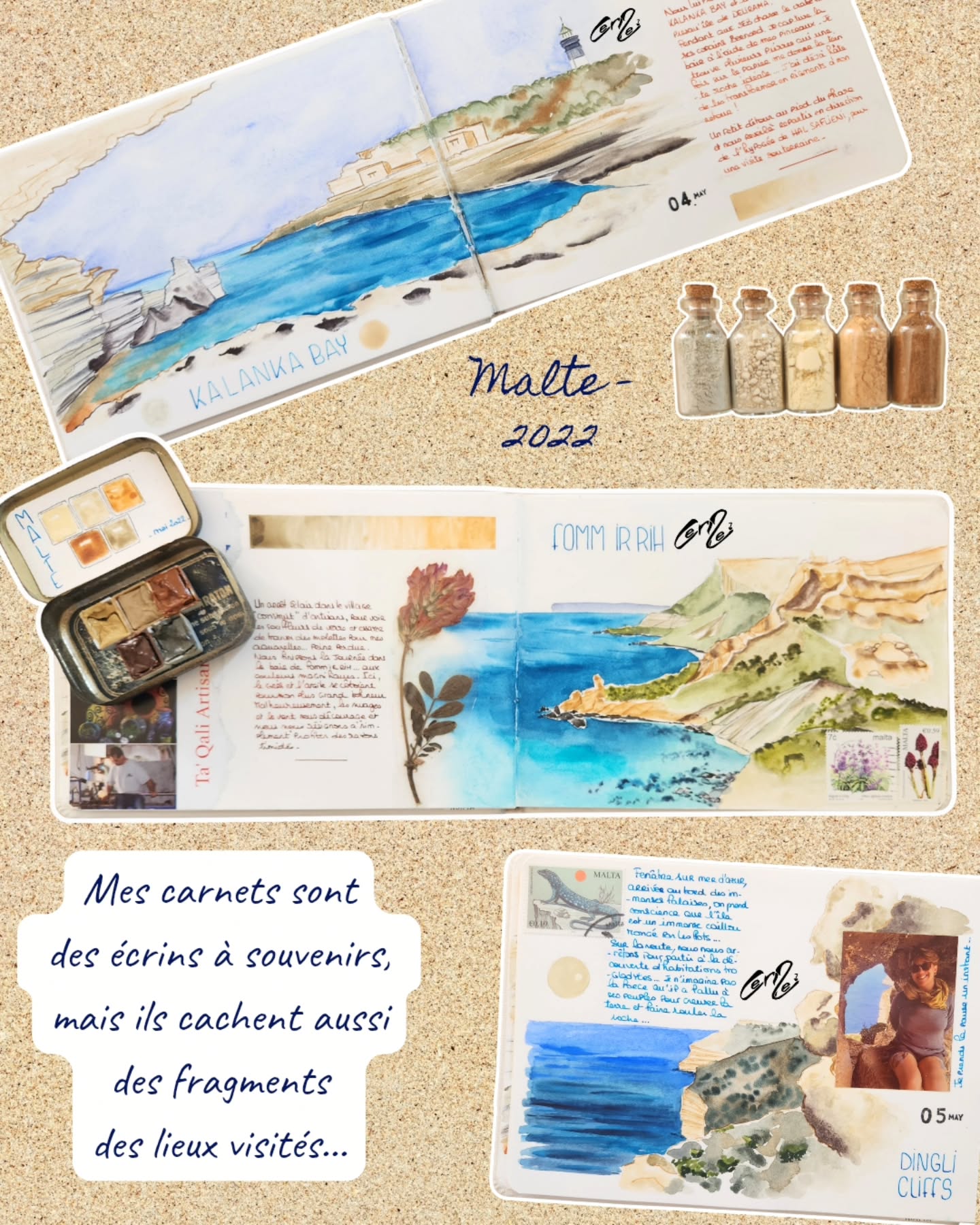 Ce que tu vois ici, ce ne sont pas juste des carnets 📓
Ce sont des fragments de lieux. Des terres collectées, broyées, transformées… Des couleurs qui n’existent nulle part ailleurs que là où je les ai trouvées.
Malte, les Marquises, les Pyrénées… Bientôt l'Égypte... 💛🤎💜 (si tu as vu passer mes storys tu le sais).
À chaque fois, le même rituel : observer, prélever, broyer, transformer puis peindre… jusqu’à ce que le paysage devienne une page.
Chaque lieu mérite une page. Chaque lieu peut devenir une couleur.
Mes carnets ne cherchent pas à seulement reproduire le lieu. Ils cherchent à le ressentir autrement. Pour que plus jamais, il ne quitte ma mémoire.
Transformer la Terre en couleur c’est une invitation. À ralentir. À regarder vraiment. À garder une trace plus forte.
Et toi, quel lieu mériterait sa propre couleur ?
Et si tu as envie d’aller plus loin… je propose des ateliers pour apprendre à créer ton propre carnet de voyage. Tu es le/la bienvenu(e) pour venir expérimenter.
#carnetdevoyage #artduvoyage #slowtravel
#pigmentsnaturels #naturalcolor
©️ Les pages de mes carnets sont mon outil de travail artistique. Je les partage ici comme source d’inspiration, tout en veillant à préserver leur caractère unique.