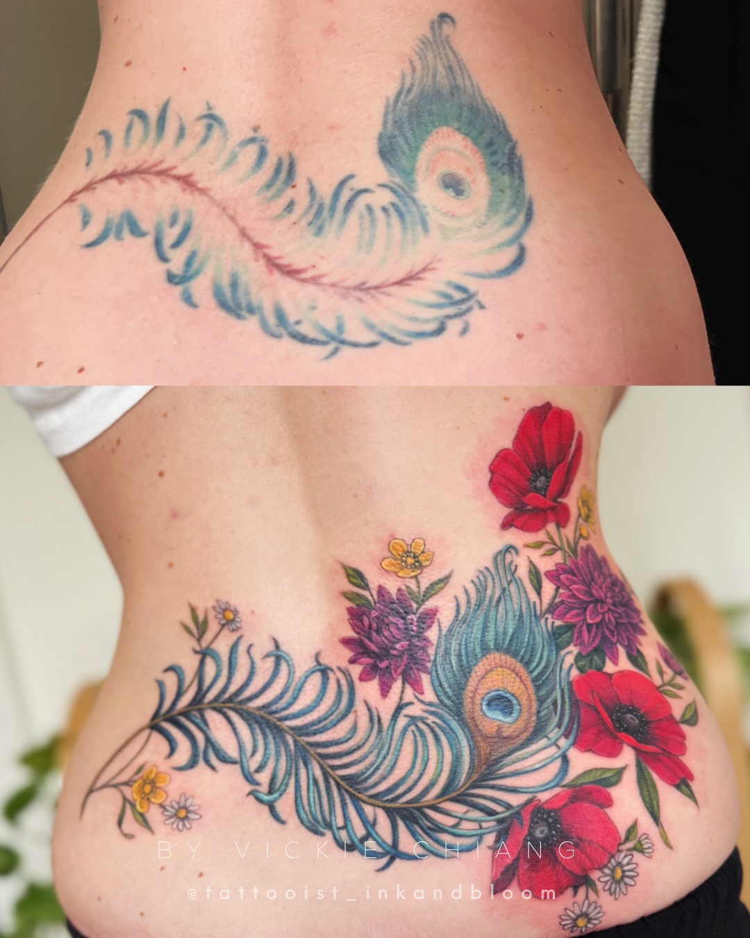 Claire's faded peacock feather tattoo now blooms with cheerful flowers, including red poppies, dahlias, daisies, and buttercups ♡
#tattooredo #backtattoos #botanicaltattoo #tattoocoverup #floraltattooartist