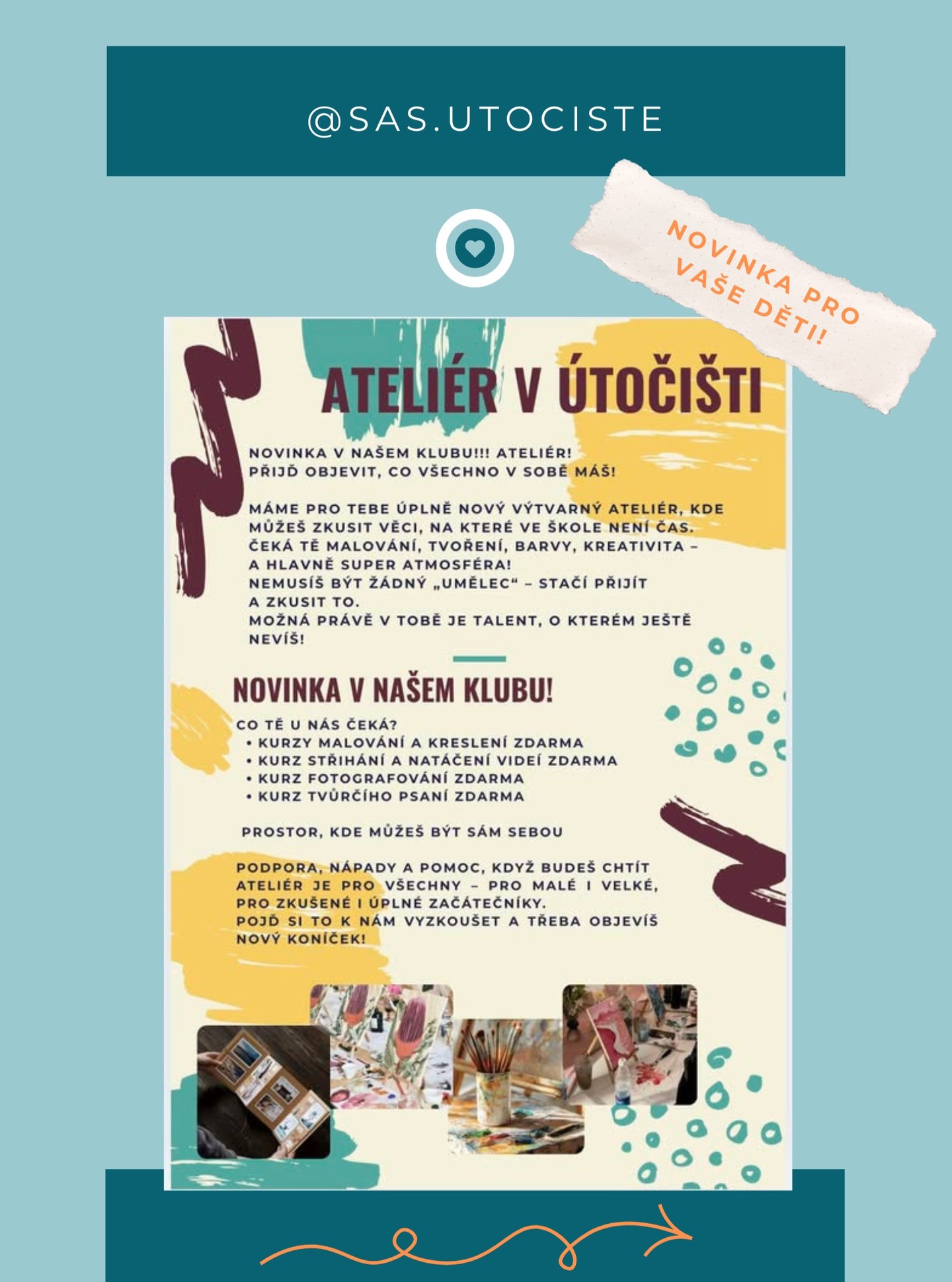 Teď trochu z jiného šálku!🎉 Pro Vaše děti a mladé lidi (od 6 do 21 let) je možnost vyzkoušet si různé výtvarné činnosti či fotografování, pod vedením profesionálního fotografa! Napište do zpráv a my Vám sdělíme více!🔥 #sociálníslužby #rodina #pomocrodinám #SAS #karlovarskykraj