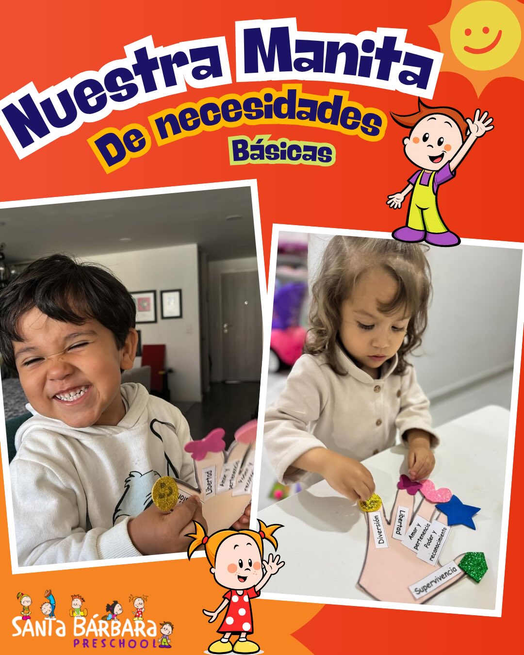 Nuestros niños aprenden y enseñan a sus papitos sobre la manita de las 5 necesidades básicas y los dibujos que las representan. ✋✨
#santabárbarapreschool #TeoríaDeLaElección #NecesidadesBásicas #EducaciónConValores