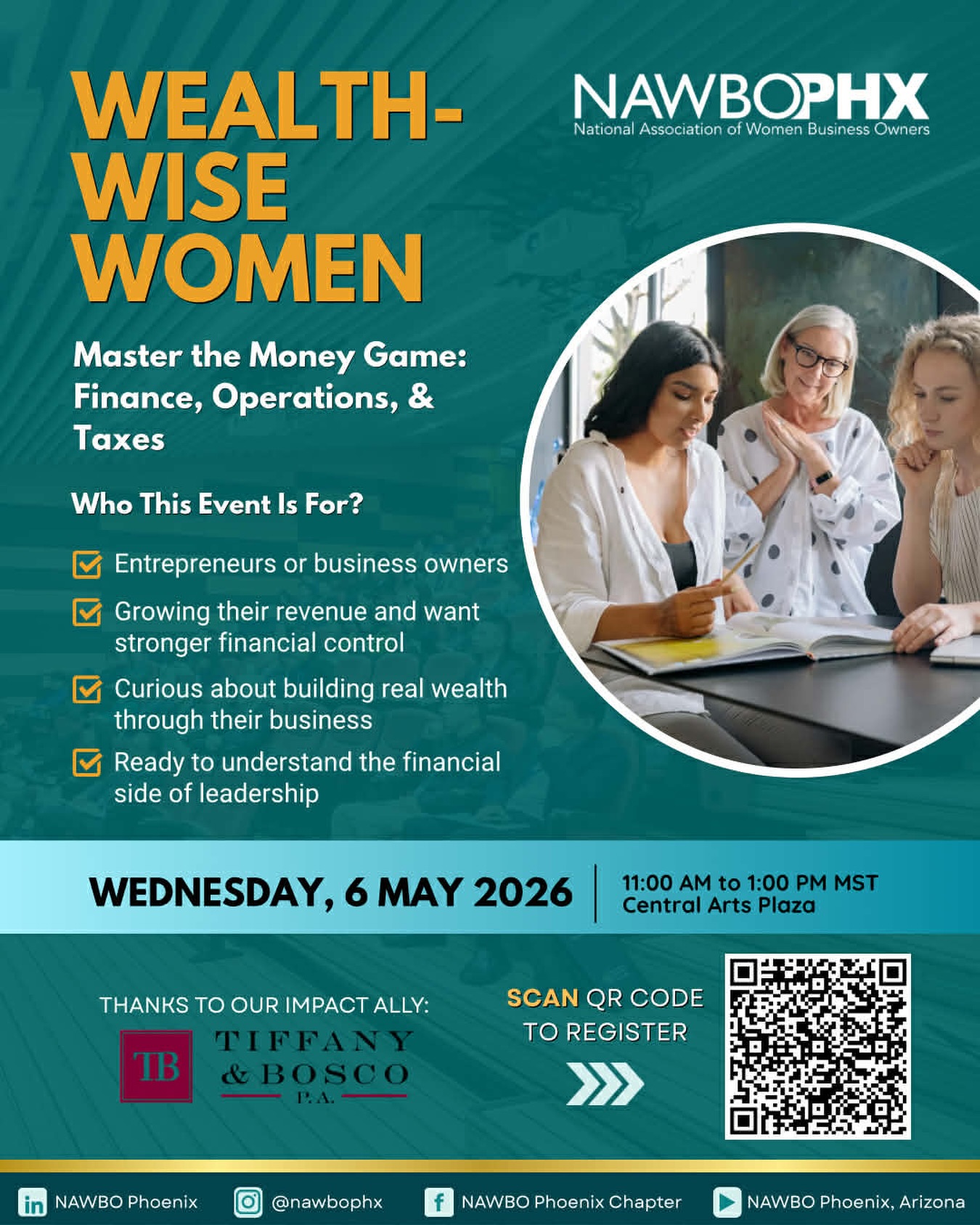 We’re baaaaaaaaccckk!
New Month . New Location. New Partners.
We’re so excited to host our next #WealthWiseWomen event in a special space curated by one of our Impact Ally’s #TiffanyAndBosco 🙌👏🙌
Be sure to mark the change in your calendar.
We’re gathering May 6th 11am-1pm at the BMO Tower 1850 N Central Avenue. Midtown Phoenix.
Complimentary parking.
Head to the 24th Floor and you’ll find us waiting to welcome you with open arms 🤗
Bring a business bestie! Sharing is caring ☺️
Register on NaWBOPHX .org #Growth #Expansion