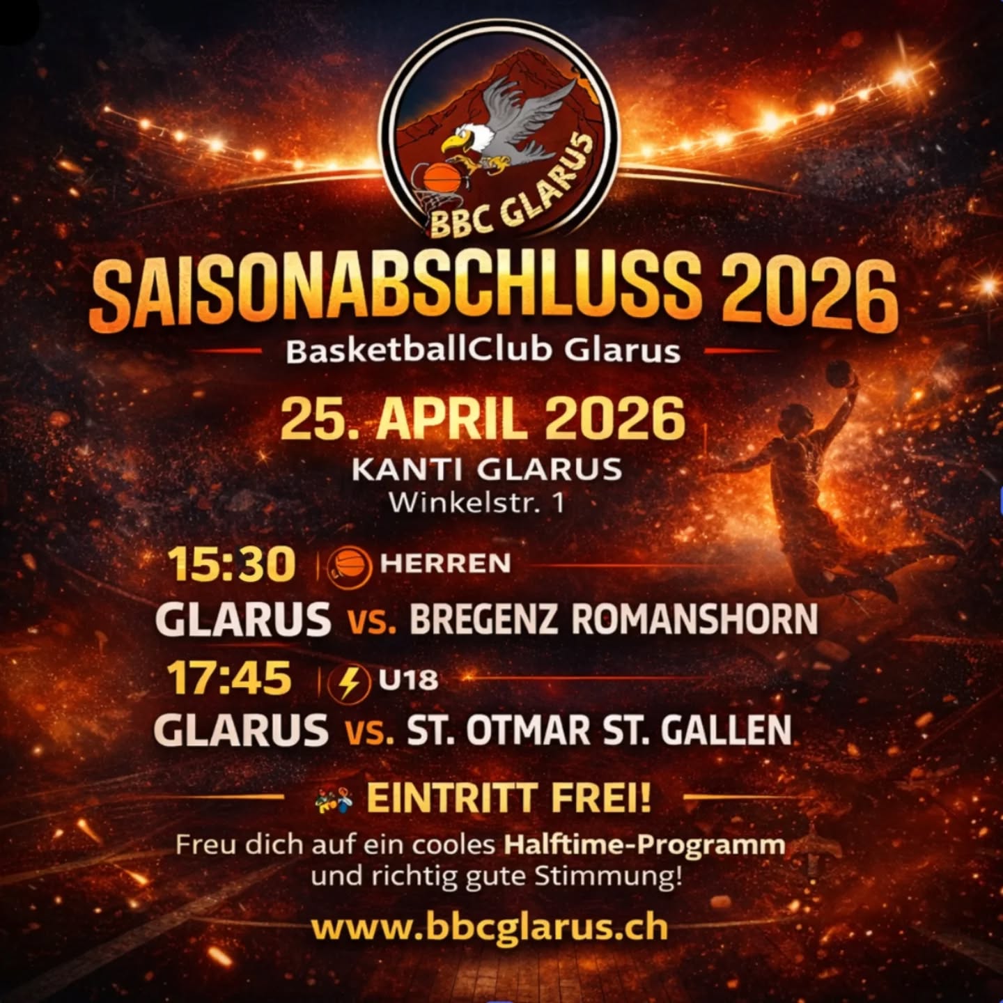 🚨 SAISONFINALE IN GLARUS! 🚨 🦅🏀
Der letzte Heimspieltag der Saison steht an und wir machen ein Event daraus! Freier Eintritt, coole Halftime-Show, beste Hotdogs vom Hösli Metzg und Hammer Stimmung garantiert. Markiert eure Basketball-Buddies in den Kommentaren! 👇🔥
🗓️ 25.04.2026
📍 Kanti Halle Glarus (Winkelstr. 1)
💥 Game Schedule:
15:30 Uhr | Herren vs. Bregenz Romanshorn
17:45 Uhr | U18 vs. St. Otmar St. Gallen
Eintritt frei! Kommt vorbei und macht Lärm für den BBC Glarus! 🥁📣
Infos 👉 www.bbcglarus.ch
#basketballislife #glarus #ballin #abschluss