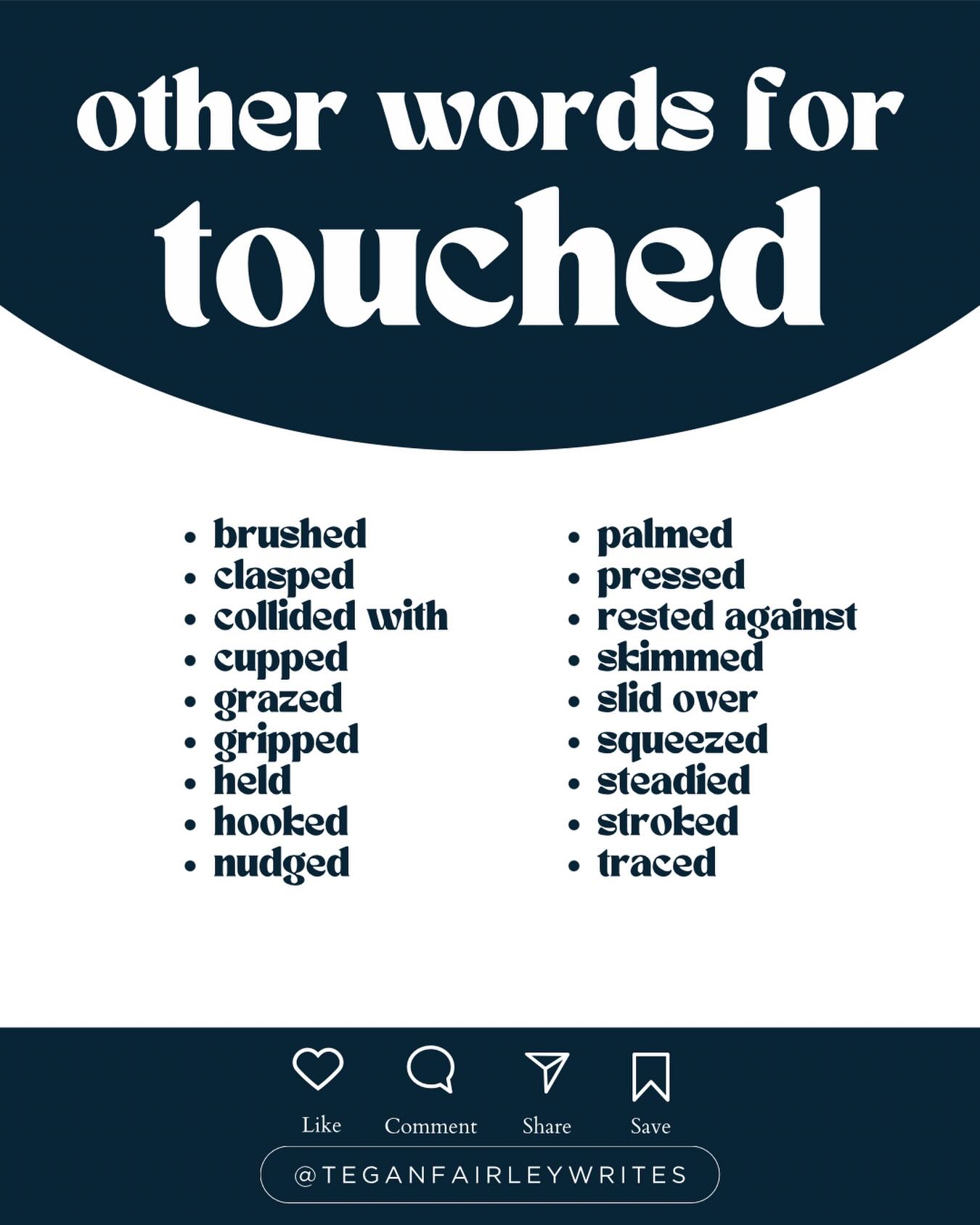 A tiny word swap can change the whole mood of a scene.
Here are a few alternatives to ‘touched’ for your writing toolkit ✍️
What else do you suggest?
And don’t forget to save this for later 🫡