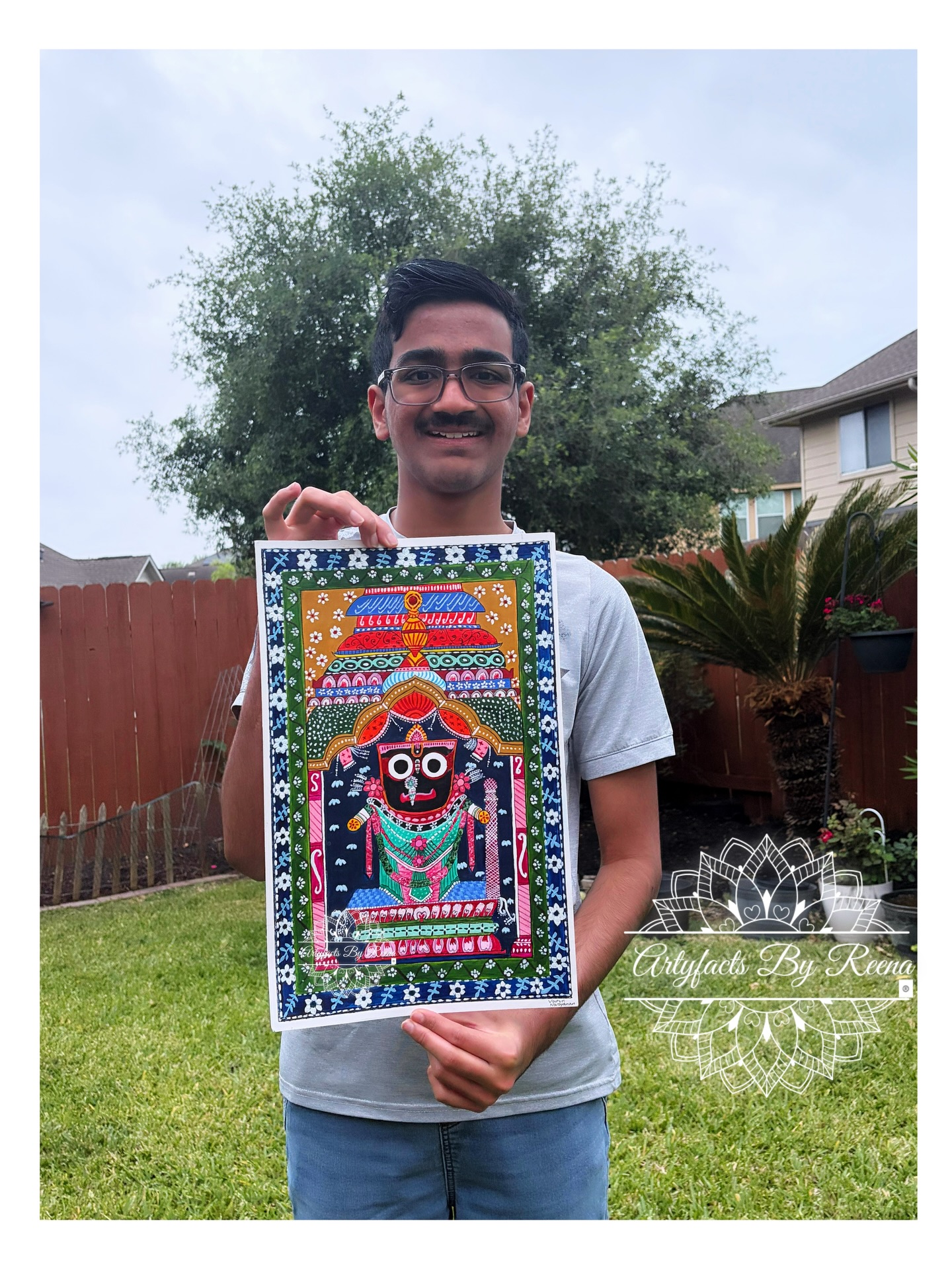 Jagannath Painting- Orissa Pattachitra Painting made by Varun Narayanan @ Artyfacts By Reena.
Sharing a valuable feedback from his mom -Anantha Rusum.
Some bonds travel deeper and this has been a long one..Thank you Anantha for all the love and respect you have given me.❤️
🎉➡️
Varun has been tutoring with Reena for 11 years now , out of which 8 years he has been working online with her .
He started off with basic coloring and drawing stick figures all those years back.
She exposed him to various forms of art , challenging him every time with different coloring techniques. Eventually, she made him ready for Orissa Pattachitra, a traditional art form which requires precise fine line painting and intricate detailing .
It requires a lot of patience and dedication both from the tutor and the student and they both did a wonderful job creating this beautiful form of art .
Thank you Reena for tutoring Varun so well and patiently working with him.
May the blessings of Almighty be with both of you. Jai Jagannath🙏
