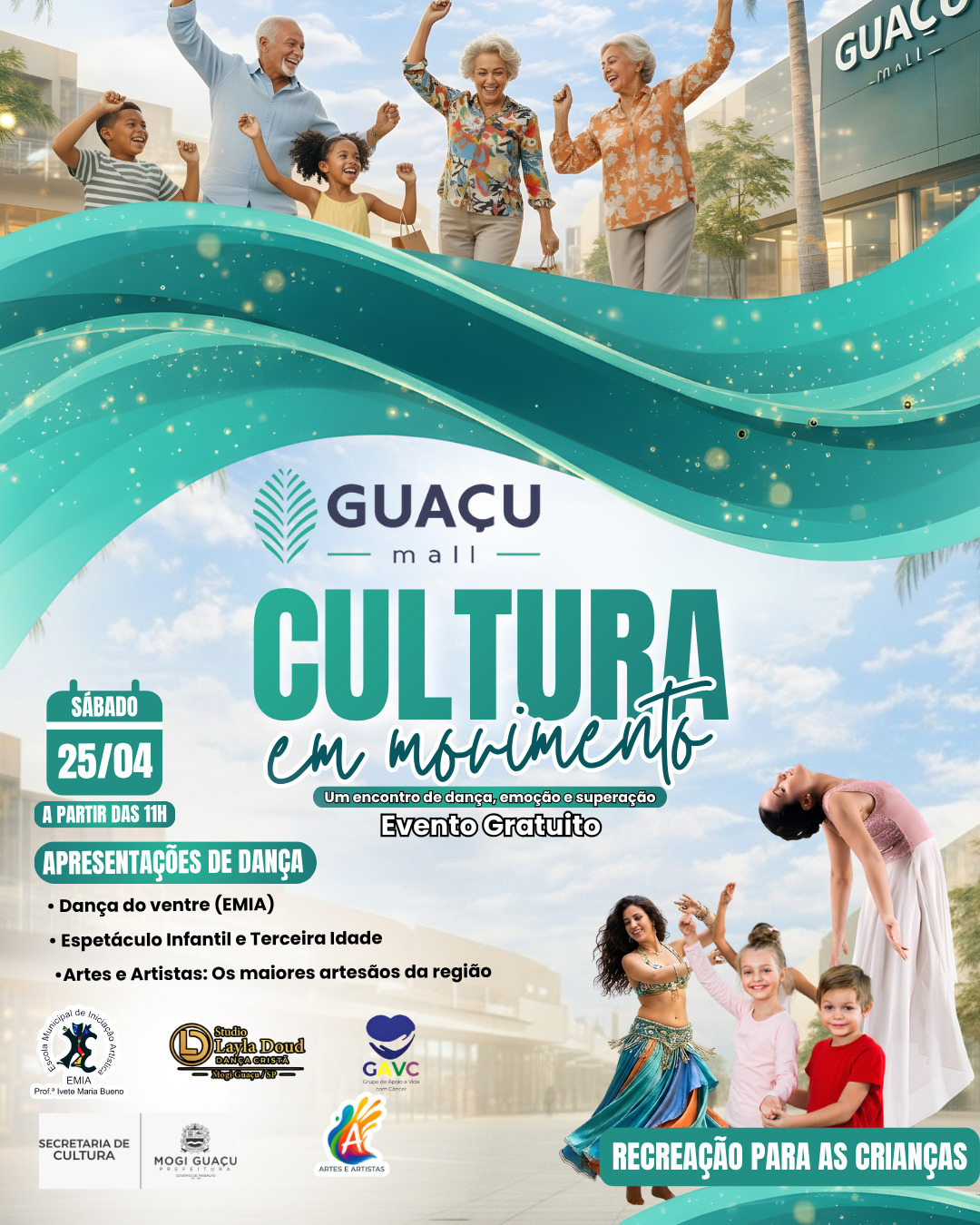 ✨ Cultura em Movimento no Guaçu Mall
Venha viver um dia especial ao lado de quem realmente importa 💚
Um convite para reunir a família, se emocionar, se encantar e celebrar a cultura em um ambiente leve, acolhedor e cheio de vida.
📅 25 de abril (sábado)
⏰ A partir das 11h
🎟️ Evento gratuito
Prepare-se para uma programação pensada para todas as idades:
💃 Espetáculos de dança infantil e da terceira idade com o Studio Layla Doud
🎭 Apresentações com o grupo Artes e Artistas, reunindo alguns dos maiores talentos da região
🎈 Recreação especial para as crianças, garantindo diversão para toda a família
E aproveite para prestigiar nossas lojas, com opções que unem variedade, praticidade e qualidade em um só lugar — tudo para tornar o seu dia ainda mais completo ✨
Um verdadeiro encontro de cultura, arte e conexão — porque momentos assim merecem ser vividos juntos.
🤝 Parcerias:
EMIA – Escola de Música e Iniciação Artística de Mogi Guaçu
Secretaria de Cultura de Mogi Guaçu
Prefeitura de Mogi Guaçu
GAVC – Grupo de Apoio à Vida com Câncer
Studio Layla Doud
📍 Esperamos você e sua família no Guaçu Mall!
@azulviagensmogiguacu
@mandore.bolsas
@sossuplementosfitness
@skyfitguacumall
@maravilhasdolarmogiguacu
@sakacelulares
@massasdaceciliaoficial
@fabrispumaoficial
@carnesmantiqueiramogi
@mavenbarberco
@eletrica_area
@dubelatomogiguacu
@rest.carnesmantiqueiramogi
@marcenaria.loft
@graoebrasaguacu
🚩Av Padre Jaime, 1.800 - Vila Ricci, Mogi Guaçu - SP
#compras #mogiguaçu #comprasmogiguaçu #comprasmogimirim #culturaemovimento #prefeituramogiguacu
MRC BRASIL MARKETING