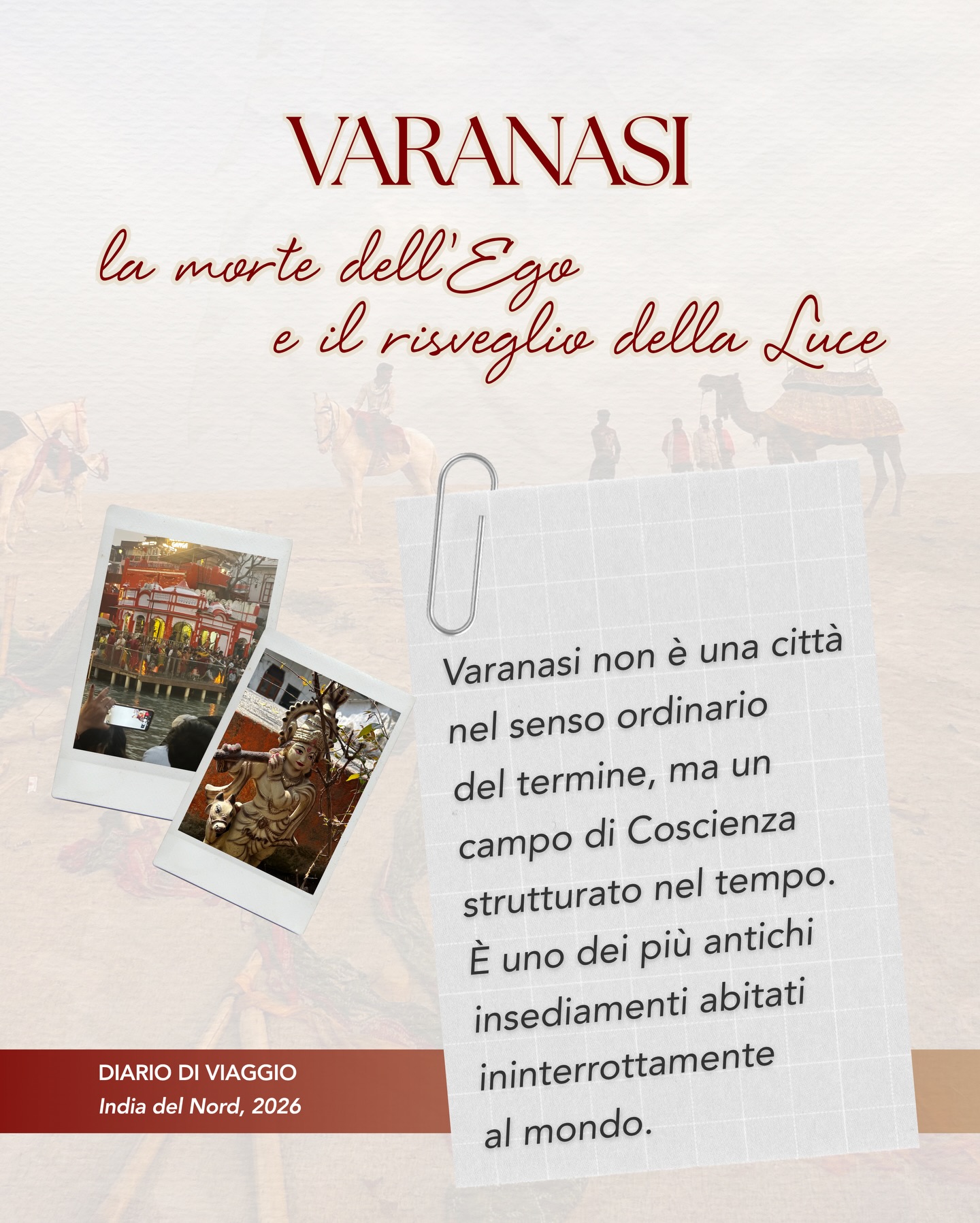Varanasi non è una città nel senso ordinario del termine, ma un campo di Coscienza strutturato nel tempo ✨
Chiamata Kashi, “la luminosa”, essa rappresenta uno dei più antichi insediamenti abitati ininterrottamente al mondo. Ma questa continuità non è solo storica, è soprattutto metafisica.
Varanasi, infatti, è sopravvissuta non perché difesa, ma perché necessaria. Necessaria all’equilibrio sottile tra ciò che è visibile e ciò che non lo è.
Varanasi è un luogo indimenticabile, una trasformazione irreversibile.
🪔 Auguro a ognuno di voi di poterla visitare almeno una volta nella vita e, più in generale, di immergervi nell’abbraccio dell’India: una terra che non si limita a ospitarci, ma ci induce a rifiorire.
Nelle pagine di questo carosello troverete alcuni frammenti dal mio diario di viaggio, frutto del silenzio e dell’intensità di quei giorni ❤️
💬 Per leggere l’esperienza completa, scrivi “diario” nei commenti!
#indiadelnord #aghori #shiva #varanasi #varanasighat