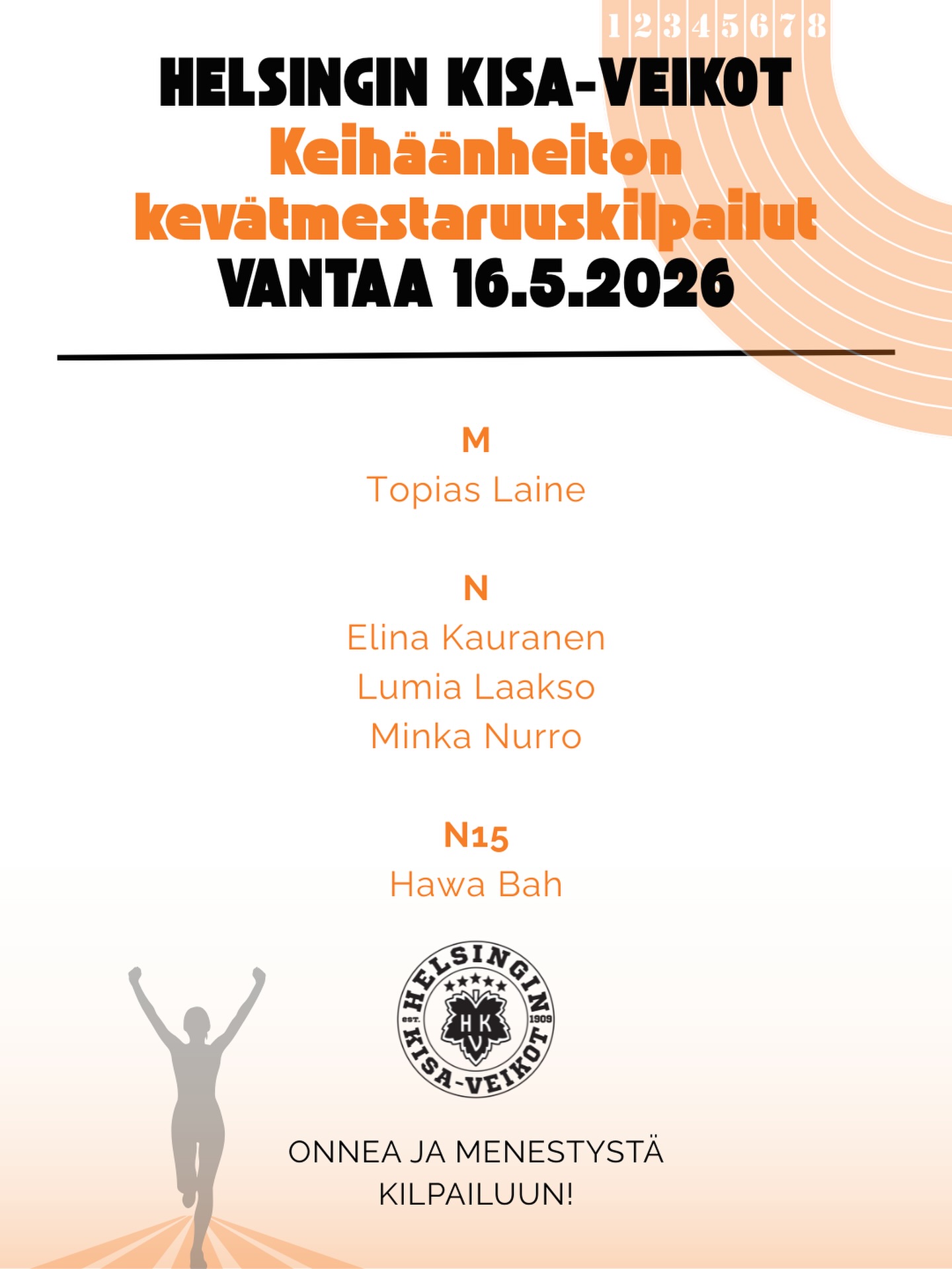 Huomenna päästään seuraamaan huikeita keihäänheiton kevätmestaruuskilpailuja!⚡️
Helsingin Kisa-Veikoilta mukana viisi urheilijaa. Onnea kisoihin!🤩