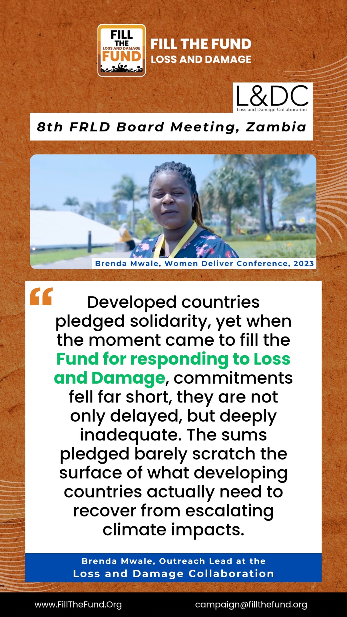Symbolic gestures won’t stop rising tides. 🌊 🚫
“The sums pledged barely scratch the surface of what developing countries actually need to recover from escalating climate impacts.” - Brenda Mwale.
While floods and storms intensify, rich nations are offering scraps instead of the hundreds of billions required for recovery. This is more than a missed promise; it is a failure to acknowledge the true cost of climate inaction. 📉
The Chasm:
What is needed: $400 Billion / year by 2035.
What is paid in: Only $448.92 million, barely 0.1%.
Those least responsible for this crisis are being forced to pay the highest price. It’s time for rich polluters to #PayUp.
🔗 Read the open letter and the roadmap at FillTheFund.org.
#FillTheFund #LossAndDamage #ClimateEmergency #PayUp4LossAndDamage #HumanRights #ClimateInjustice
@actionaid_international @ldycoalition @ciel_org @youngolandd @harjeet11 @lossanddamagecollaboration @trocaireonline @brenda_success_mwale