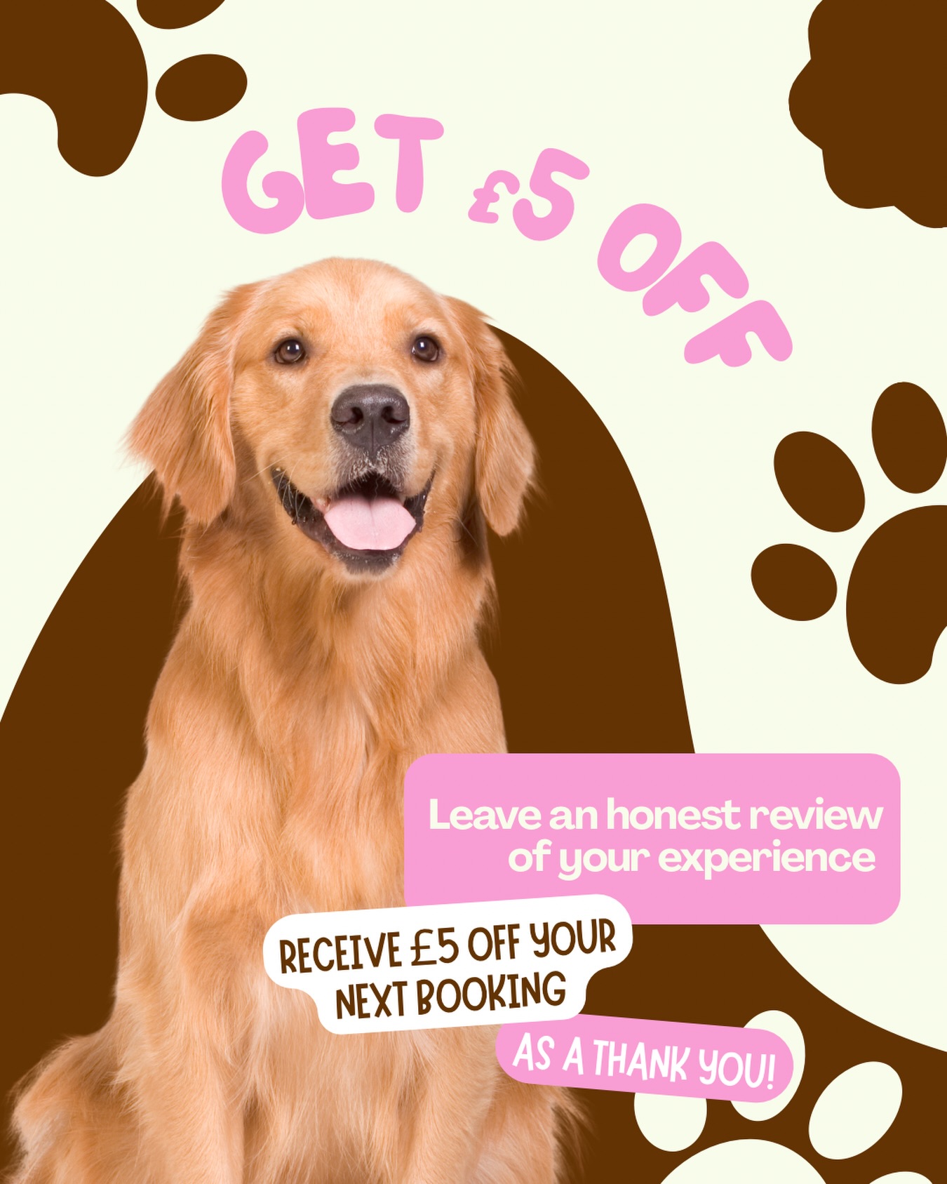 I always appreciate hearing about your experience. As a thank you for your honest feedback, im offering £5 off your next booking 🌟
Please allow up to 48 hours to receive your code via email after submitting your Google review 🐾
To leave your feedback, just head to the ‘Leave a review’ button on the homepage 💫