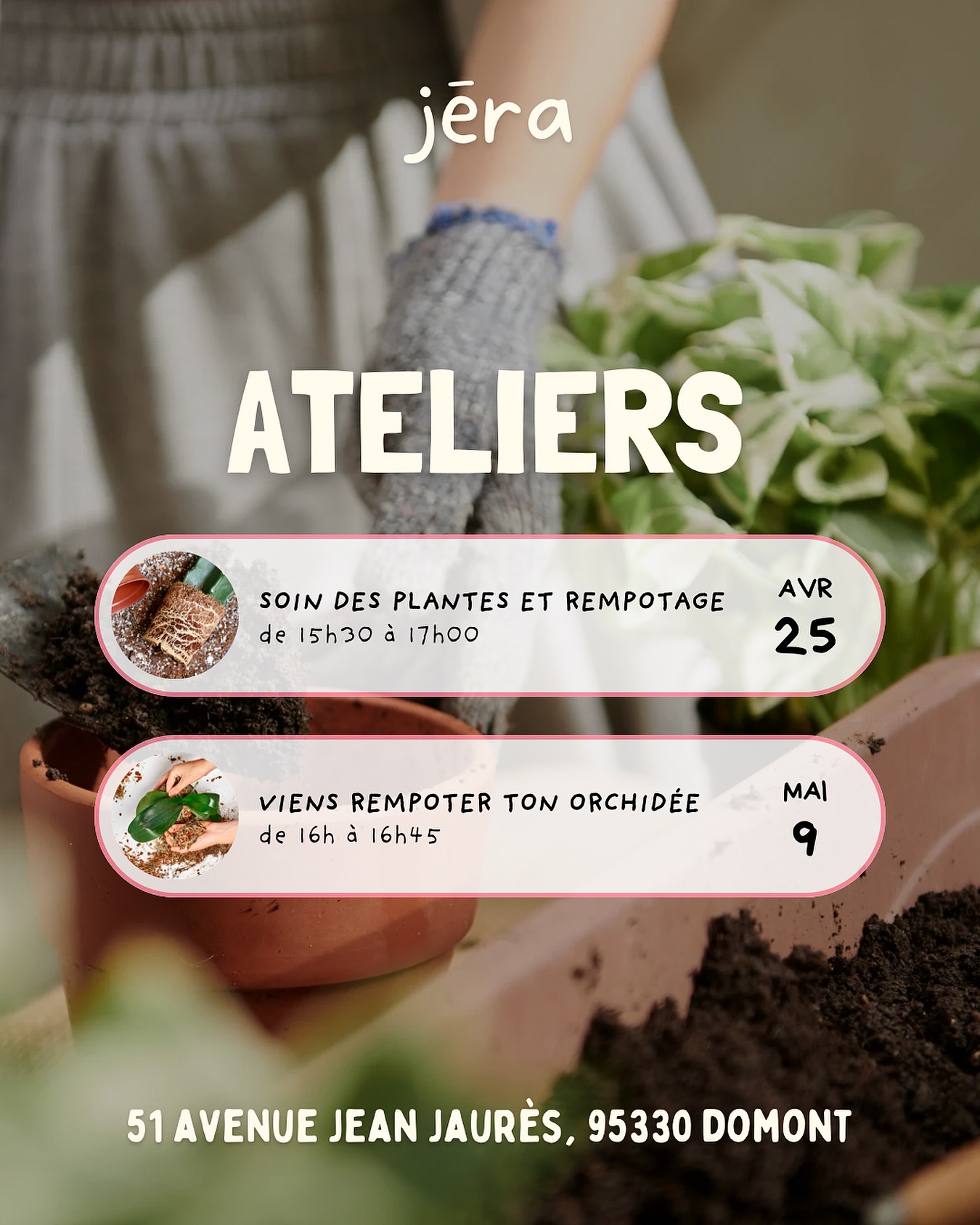 ✨ LES ATELIERS ✨
Les ateliers font leur grand retour chez Jēra 💚
Au programme :
🌱 Soin des plantes & rempotage
🗓️ sam 25 avril à 15h30 (durée : 1h30)
💸 40€ / personne
🌸 Viens rempoter ton Orchidée
🗓️ sam 9 mai à 16h (durée : 45 minutes)
💸 25€ / personne
On vous dit tout sur le déroulé de chaque atelier 👉🏼 rendez-vous sur le site pour découvrir ce qui vous attend 👀
Chaque participation à un atelier vous permettra de bénéficier de -10% sur vos achats le jour de l’atelier 🎉
⚠️ Réservations en boutique, en DM ou sur le site (places limitées)
Des bisous 💚
📍 Jēra, 51 avenue Jean Jaurès, Domont
👉🏼 www.jeraplantshop.com
#boutiquedeplantes #ateliersplantes #rempotageorchidée #plantslovers #plantesrares