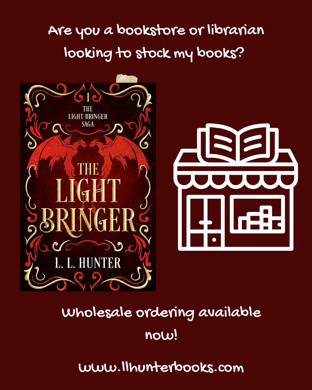 📚️Bookstore owners and librarians, I want you! 📖
Let's talk! If you're a librarian or bookstore looking to purchase my books wholesale, you're now in luck! There's now an easy order form for you on my website! It's password protected (because only bookstores and libraries get my exclusive wholesale discount) so please contact me.
https://www.llhunterbooks.com/wholesaleorders