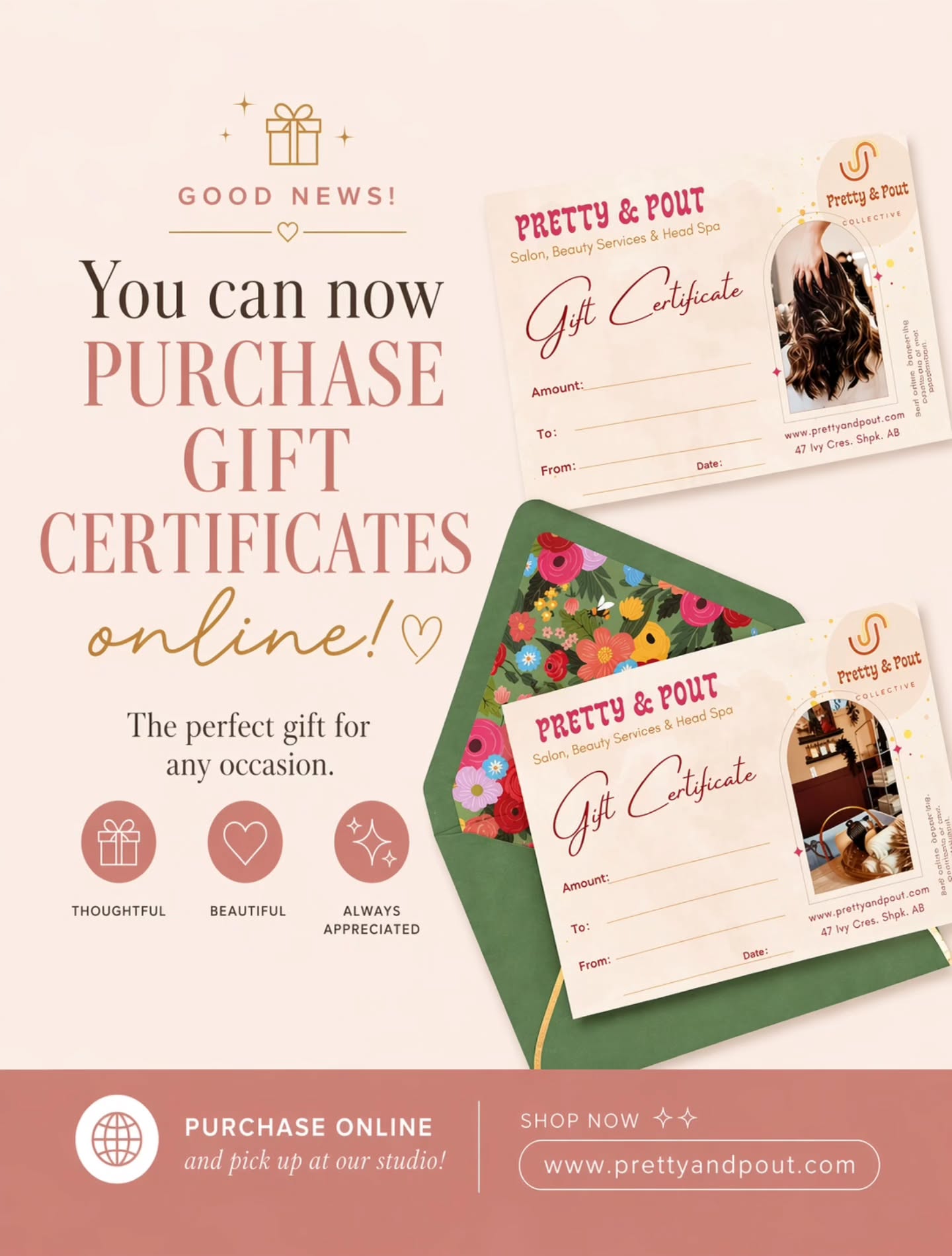 ✨ GOOD NEWS, BEAUTIFUL HUMANS ✨
You can now purchase Pretty & Pout gift certificates ONLINE 🙌
No rushing. No guessing. No last-minute scrambling.
Just a few clicks and you’ve got the perfect gift ready to go.
Whether it’s for someone you love…
or a little something for yourself (because yes, you deserve that too 😉)
🎁 And here’s the fun part…
When you purchase a Head Spa gift certificate before May 10th
you’ll be automatically entered to win
✨ ONE of TWO complimentary Head Spa experiences ✨
The easiest gift… just became the best gift 👀
Visit our site and grab one now, and you might just treat someone twice
👉 www.prettyandpout.com
#yeggiveaway #YEGbeauty #sherwoodparklocal #sherwoodparkbusiness #yegspa