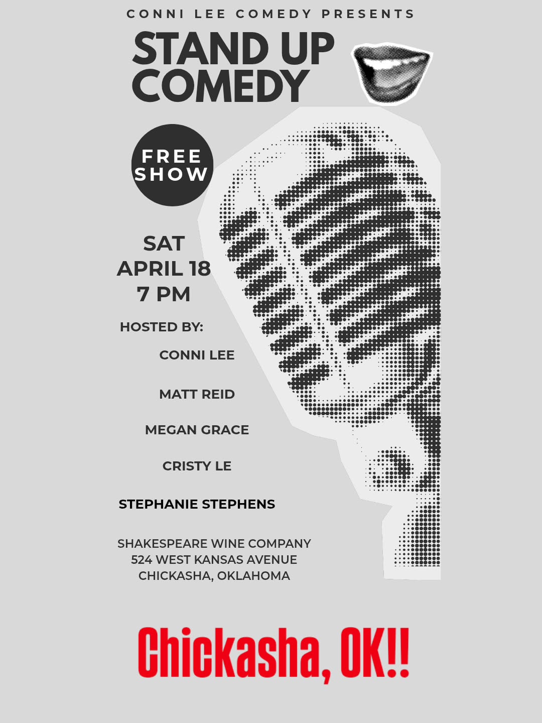 We're headed to Chickasha, OK, Saturday, April 18th, bringing you a FREE comedy show. Come to @shakespeare.wine.co to relax, drink and laugh. #chickasha #comedy #laughoutloud