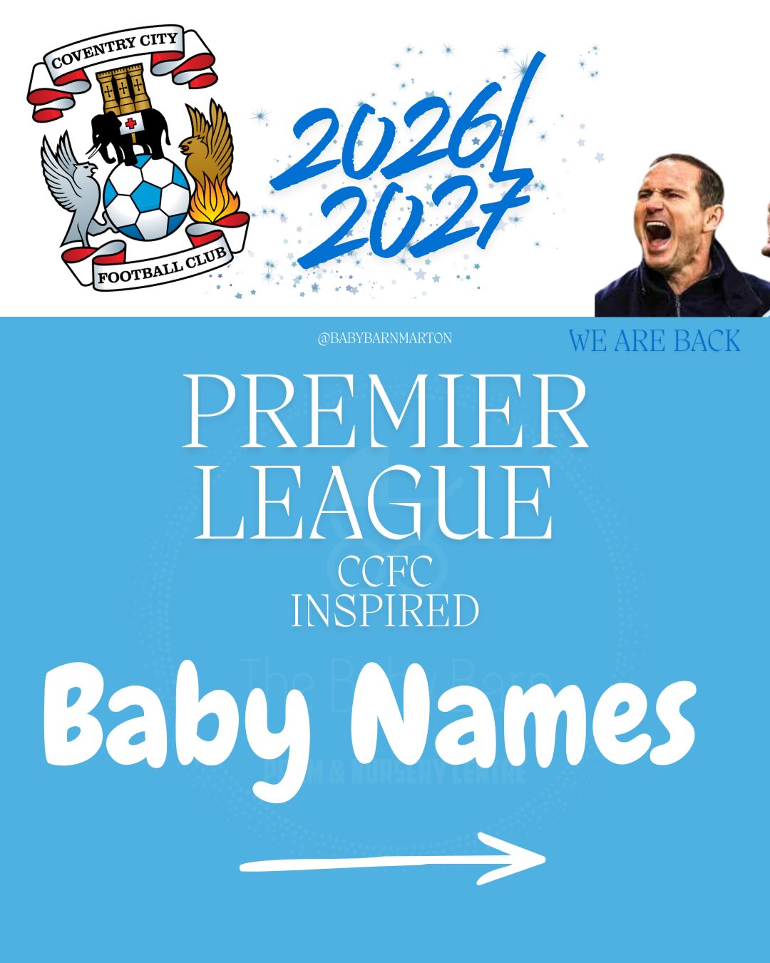 Back where we belong 💙 Which name do you prefer?
2026/27 — Premier League ready.
Inspired by Coventry City, built for the future.
Baby names with Sky Blue spirit 👶⚽
#ccfc #premierleague #skyblue #babynames #weareback