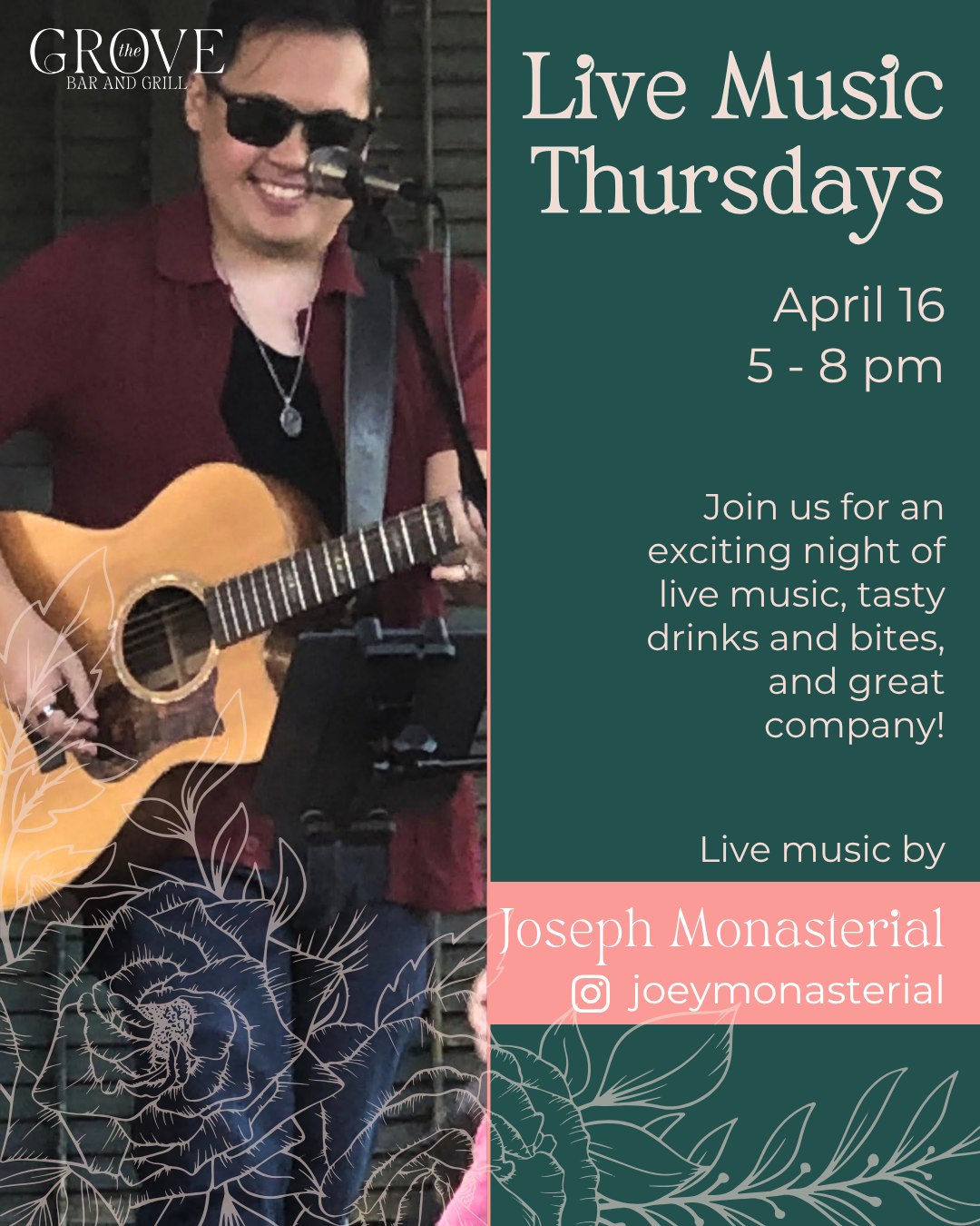 Catch @joeymonasterial at The Grove tomorrow night + extended happy hour specials 🍸