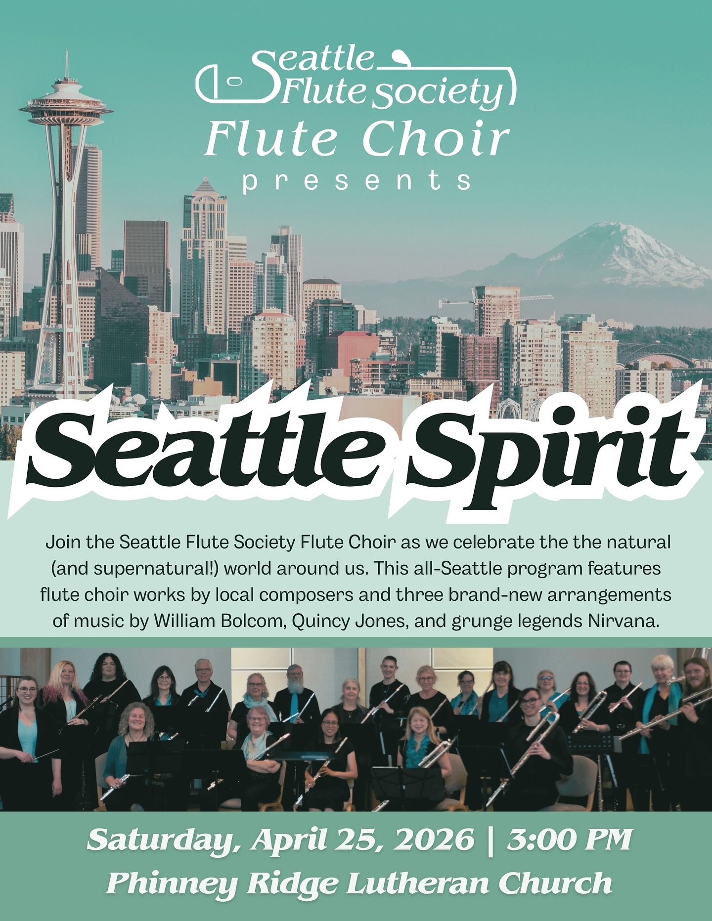 Join us on Saturday for the @seattleflutesociety Flute Choir’s spring concert! This concert features local composers and three world premiere arrangements by yours truly! #flutechoir #seattleflutesociety