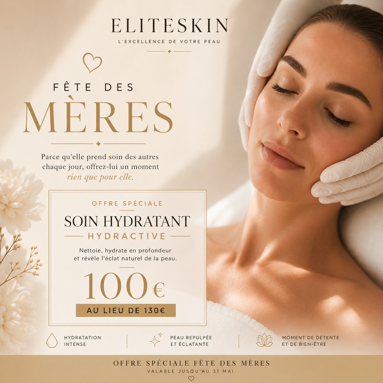 ✨ FÊTE DES MÈRES ✨
Parce qu’elle passe son temps à prendre soin des autres…
offrez-lui enfin un moment rien qu’à elle. 🤍
Pour l’occasion, profitez de notre offre spéciale sur le soin hydratant HYDRACTIVE :
✨ 100€ au lieu de 130€
Un soin complet pour :
— nettoyer la peau en profondeur
— hydrater intensément
— raviver l’éclat du teint
— offrir un véritable moment de détente
🎁 Offre valable jusqu’au 31 mai
📍 Chez EliteSkin
📲 Réservation via Planity ou en message privé #fetesdesmeres #cadeau #institutcambrai #éclatdelapeau #glow