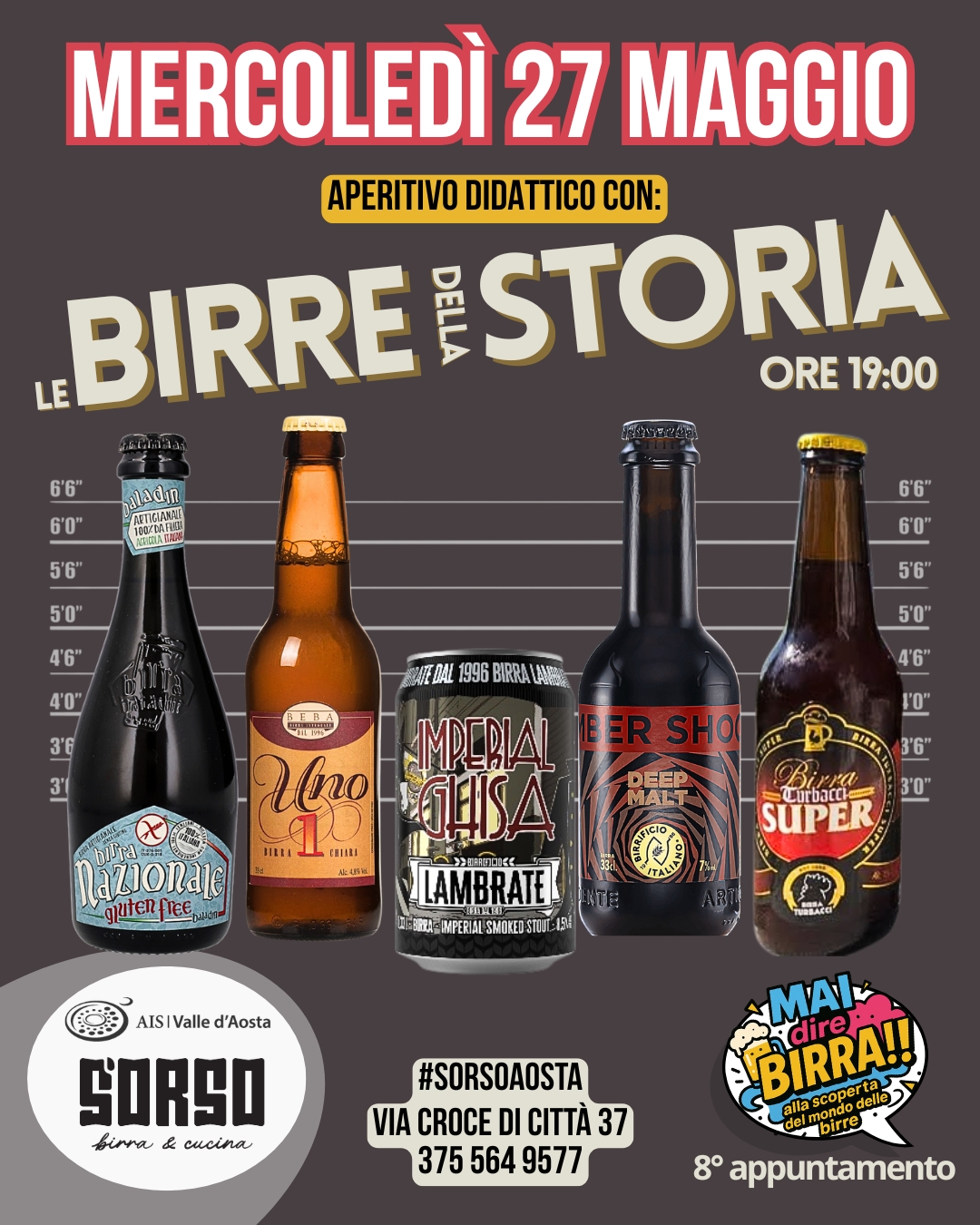 Le prime birre artigianali italiane! 🍺
Turbacci, Baladin, Beba, Lambrate e Birrificio Italiano, le birre degli storici primissimi birrifici italiani dal 1996!
Chiudiamo la stagione delle degustazioni guidate con stile e gusto!
5️⃣ assaggi guidati da Giuseppe "Pino" Di Vincenzo, Beer Sommelier AIS 🏅e accompagnati da uno sfizioso piattino aperitivo 😋
❓Quando: Mercoledì 27 Maggio dalle 19:00 alle 20:30
❓Dove: Sorso Birra e Cucina ad Aosta
💲Prezzo: € 20 a persona
☎️ Prenotazione: obbligatoria! Scrivici qui