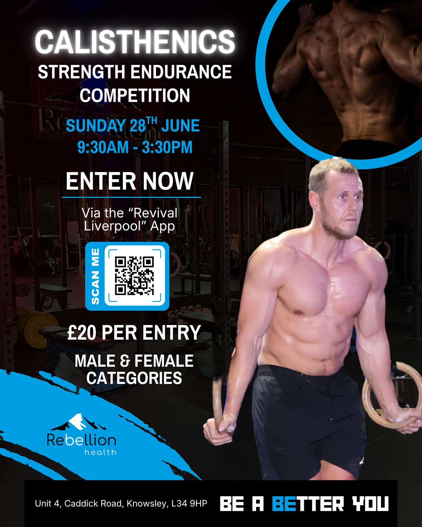 CALISTHENICS COMPETITION AT REBELLION! 🙌🏻💙
We are SO excited to announce that we are holding Knowsley’s FIRST calisthenics competition at Rebellion on Sunday 28th June 2026 9:30am - 15:30pm, the competition will be ran by our very own @coach.jamie_ 🔥💪🏻
📍Rebellion Health
⏰ 9:30am - 15:30pm
🏆 Prizes for winners
💷 £20 per entry
🙌🏻 Male & female categories
✅ Advanced, intermediate & beginners
⏳12 minute time cap
➡️ Swipe to see workout details
Whether you are competing for the first time or pushing elite level performance, this competition is designed to challenge you, support you & showcase the growing calisthenics community 📈
Enter the competition now via “Revival Liverpool” app! Go to courses/events & select the category you wish to participate in! 🙌🏻
#revivalxrebellion #calisthenicsliverpool #cali #calisthenicscompetition