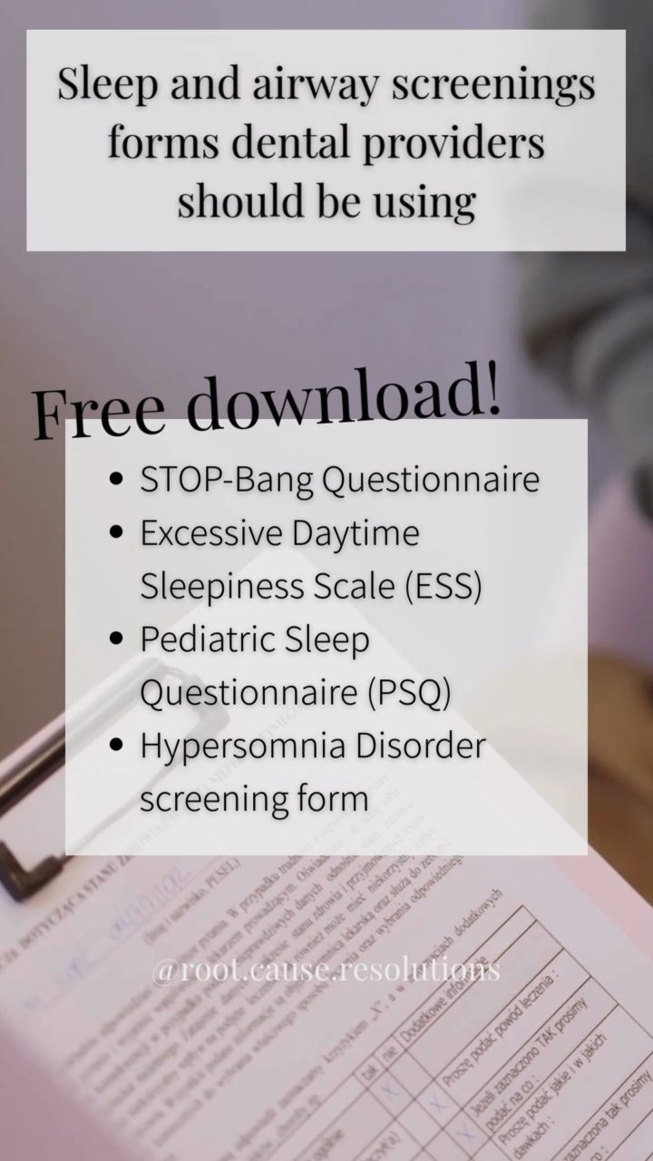 If you’re not screening, you’re missing it.
Airway and sleep-disordered breathing don’t always present the way you expect, which is why standardized screening tools matter.
Incorporating validated questionnaires like the STOP-Bang, the Epworth , and pediatric sleep questionnaires into your workflow helps you identify red flags early—before they’re overlooked or dismissed.
Snoring, fatigue, mouth breathing, behavioral concerns in kids… these aren’t just “side notes.” They’re clinical indicators.
These forms don’t replace diagnosis—but they do elevate your awareness, improve case acceptance, and strengthen interdisciplinary referrals.
If airway is part of your practice philosophy, screening needs to be part of your protocol.