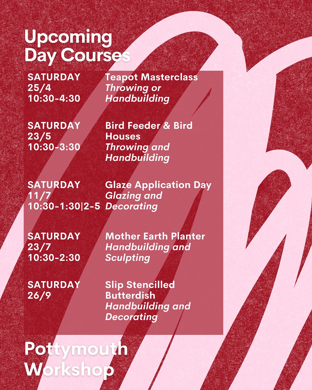 ✨fancy something a bit different to sink your teeth into? The take a look at our upcoming day courses✨
✨we run single day courses for you to learn specific techniques to broaden your skill set. These sessions are longer than our usual workshops so give you plenty of time to finesse and realise your project without committing a whole month to it✨
✨perfect to bring along visiting family or to meet new people!✨
✨enjoy our sunny studio and on site cafe for lunch and make something truly unique✨