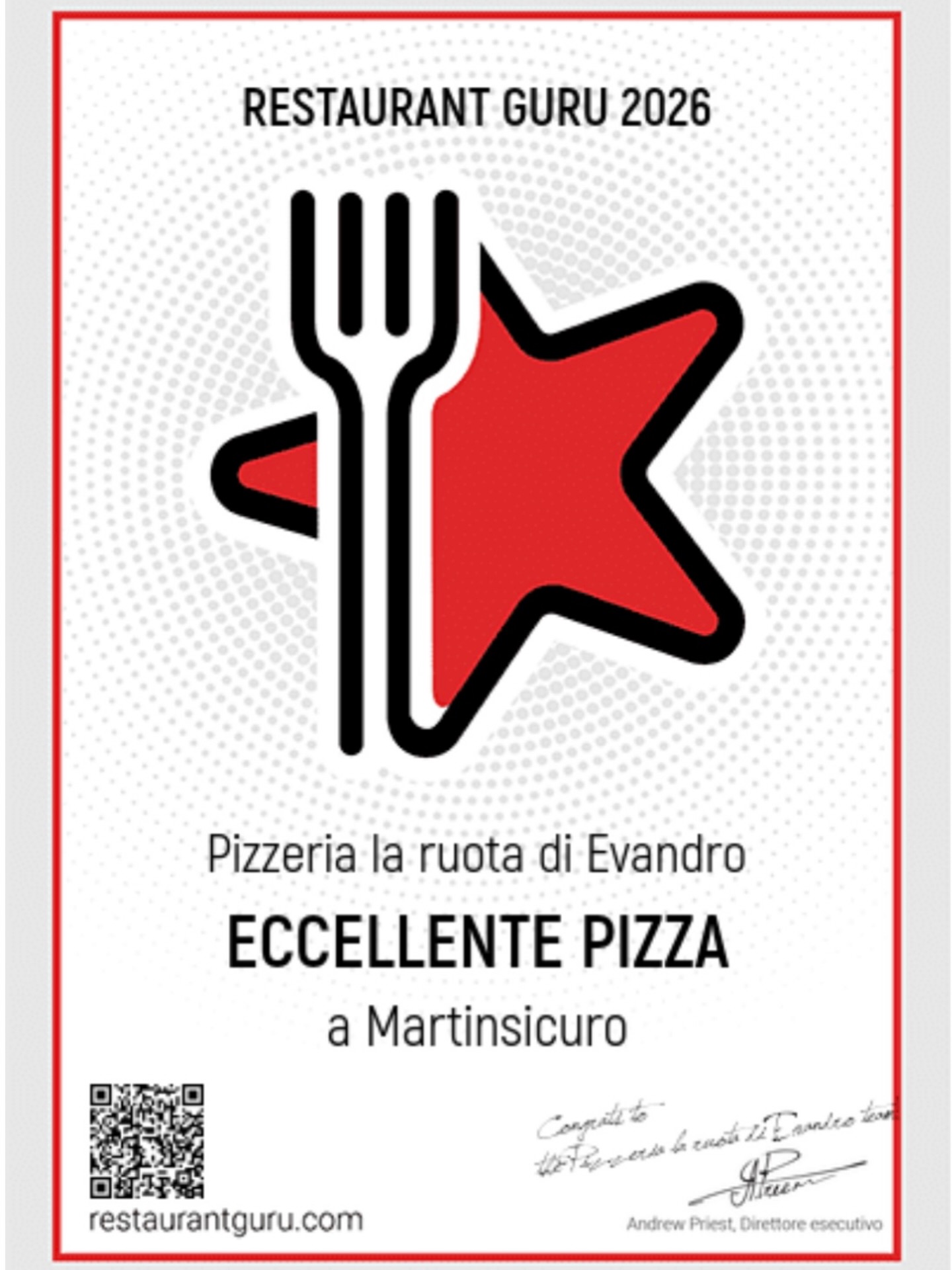 🍕 Un riconoscimento che valorizza il nostro lavoro
La Pizzeria La Ruota di Evandro è stata inserita tra le eccellenze 2026 da Restaurant Guru, con il riconoscimento
⭐ “Eccellente Pizza a Martinsicuro” ⭐
Un risultato che nasce da un percorso iniziato nel 1974, fatto di passione, attenzione ai dettagli e continua ricerca sulla qualità degli impasti.
Ogni pizza che esce dal nostro forno a legna è il frutto di esperienza, studio e rispetto della tradizione.
Grazie a tutti voi che ogni giorno scegliete di vivere questa esperienza insieme a noi.
📍 Via Aldo Moro 97, Martinsicuro (TE) – UNICA SEDE
#pizzeriamartinsicuro #pizzaartigianale #fornoalegna #evandrotaddei #eccellenzaitaliana