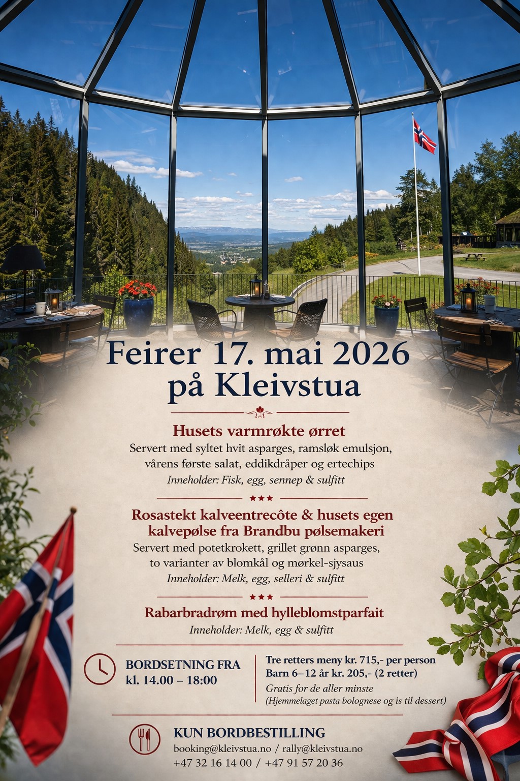 Feiringen starter her, midt i Krokskogen.
17.mai hos oss handler om god mat, flott utsikt og samvær som betyr noe. I år serverer vi husets varmrøkte ørret med syltet hvit asparges, rosastekt kalveentrecôte fra Brandbu pølsemakeri, og rabarbradrøm med hylleblomstparfait. Alt med utsikt over Norge på sitt vakreste.
Bordbestilling fra kl. 14.00–18.00. Tre retters meny kr. 715,- per person.
Vi gleder oss til å ønske dere velkommen til en 17. mai som varer litt lenger!
#kleivstua #17mai #nasjonaldagen #krokskogen #nærOslo