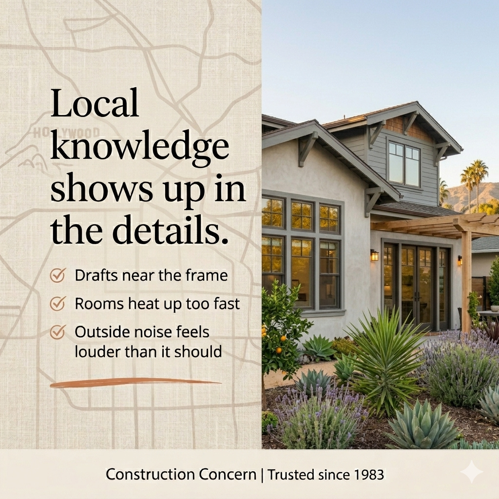 Local matters.
Not because it sounds good in a caption, but because homes in Los Angeles come with their own realities, from sun exposure to wildfire concerns to aging exterior materials.
Good recommendations start with understanding the region.
#ConstructionConcern #LosAngelesHomes #LocalContractor #SoCalHomes #HomeImprovement #WildfireAwareness #TrustedLocalBusiness