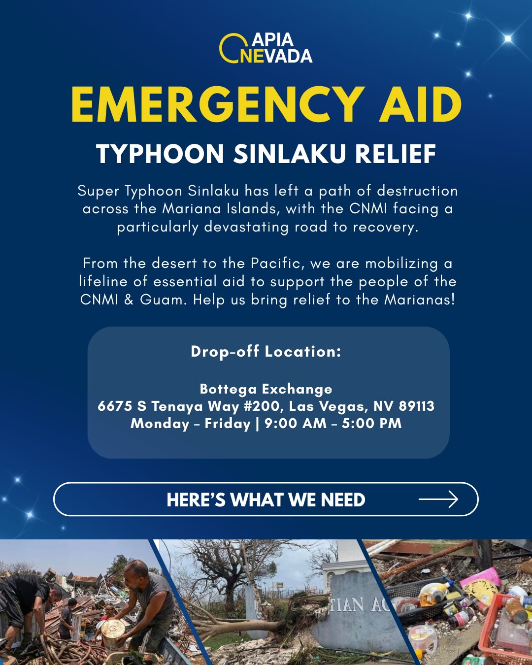 Our hearts are with the Marianas. 🇲🇵🇬🇺 Following the destruction caused by Super Typhoon Sinlaku, we are gathering essential supplies here to support the people of the CNMI and Guam. Your donations help provide the immediate resources needed as the community comes together to rebuild.
Drop-off at @bottegaexchange:
6675 S Tenaya Way STE 200
M–F | 9:00 AM - 5:00 PM
All donations support the relief efforts of:
@micronesiaclimatealliance
@kutturanchamorufoundation
@inafamaolek.u.s
@inafamaolek_mutual_aid
#OneAPIANevada #AANHPI