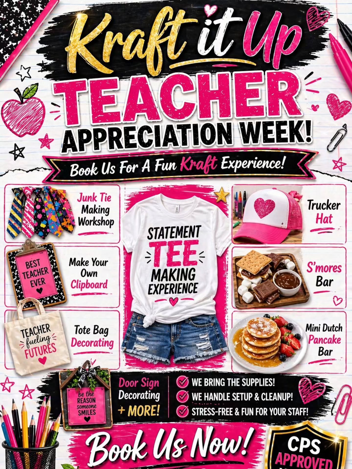 🚨 Teacher Appreciation Week is coming FAST!
Skip the basic… 👀
🎉 Bring in an EXPERIENCE your teachers will LOVE!
💖 Crafts + Treat Bars + Good Vibes
👕 Statement Tee Making
🔥 S’mores Bar
🥞 Mini Dutch Pancake Bar + MORE!
✔️ We bring everything
✔️ We handle setup & cleanup
✔️ CPS Approved Vendor
⏳ Book by Friday, April 24! Spots are LIMITED!
📞 708-529-5090
🌐 www.kraftitup.biz
✨ Let’s celebrate your teachers the RIGHT way!
#teacherlife #teacherappreciationweek #mobileworkshop #staffappreciation #chicagopublicschools
