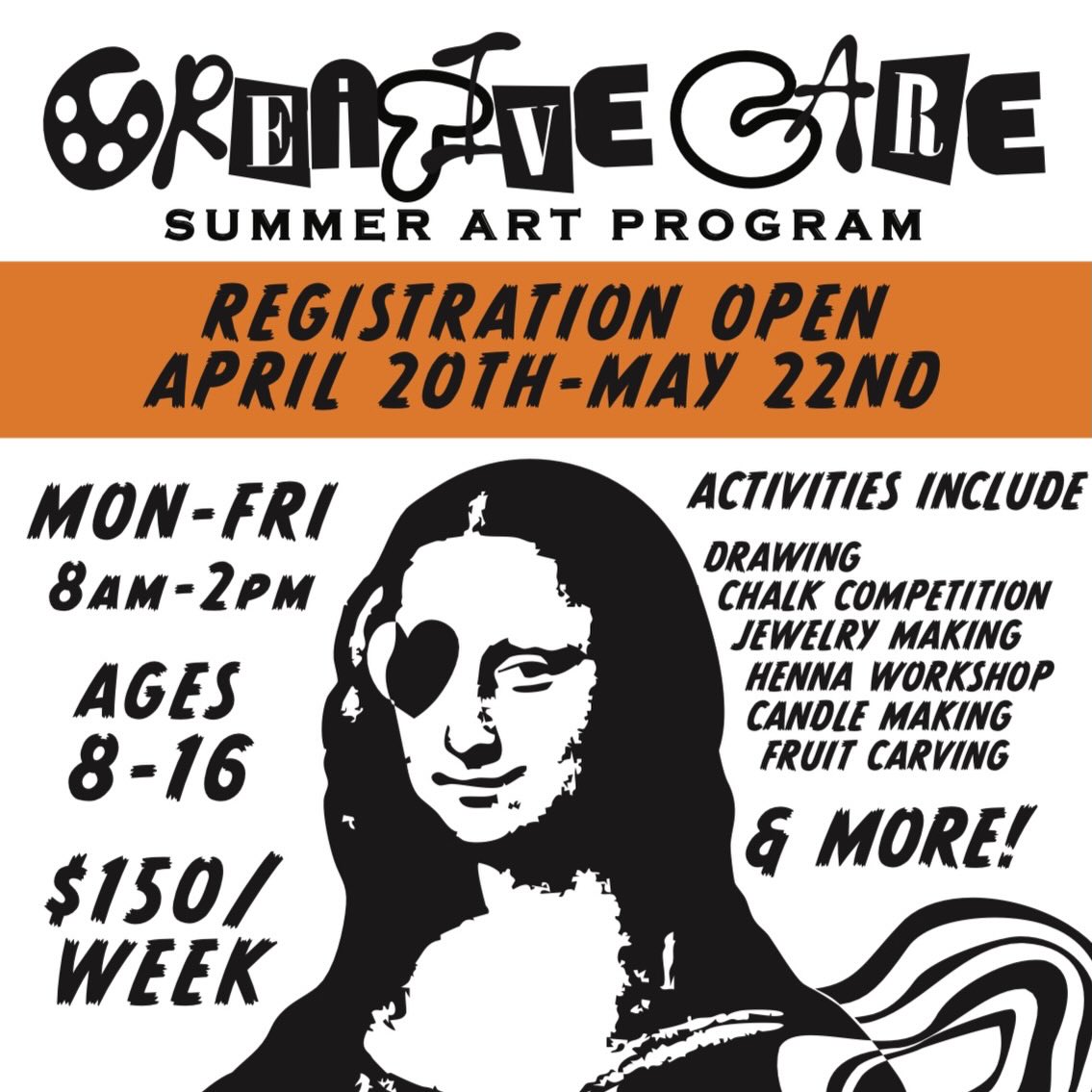 šØ Creative Care 2026 šØ
āØWhere young artists learn, create, and grow!
Weāre excited to offer 4 full weeks of creative fun for rising artists ages 8ā16!
šļø Program Details:
Students will explore art, build skills, and express their creativity in a supportive, fun environment!
š
Summer Schedule:
š Part 1: June 1ā5 & June 8ā12
š Part 2: June 29 ā July 3 & July 6ā10
ā° Time: MondayāFriday, 8 AM ā 2 PM
š² Cost:
šµ $150 per week
šµ$400 for the full program
š Registration: Open April 20 - May 22
āØSign up in person at Lynk Art StudioāØš Open MondayāSaturday, 10 AM ā 10 PM
#LETSLYNKUP š§”šØš