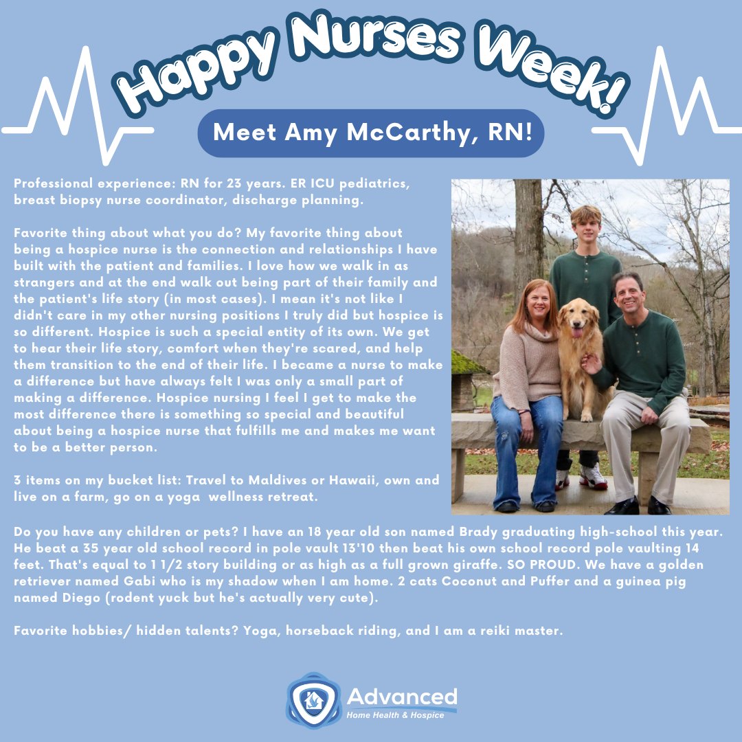 Nurses Week Spotlight ✨
Today we are recognizing Amy McCarthy, RN! Amy brings comfort, support, and care to hospice patients and families each day. Her kindness and commitment help create a positive experience for those she serves.
We are so thankful for Amy and we are proud to celebrate her during Nurses Week. Thank you, Amy, for all that you do! 💙
#NursesWeek #AdvancingTogether #HomeHealth #Hospice