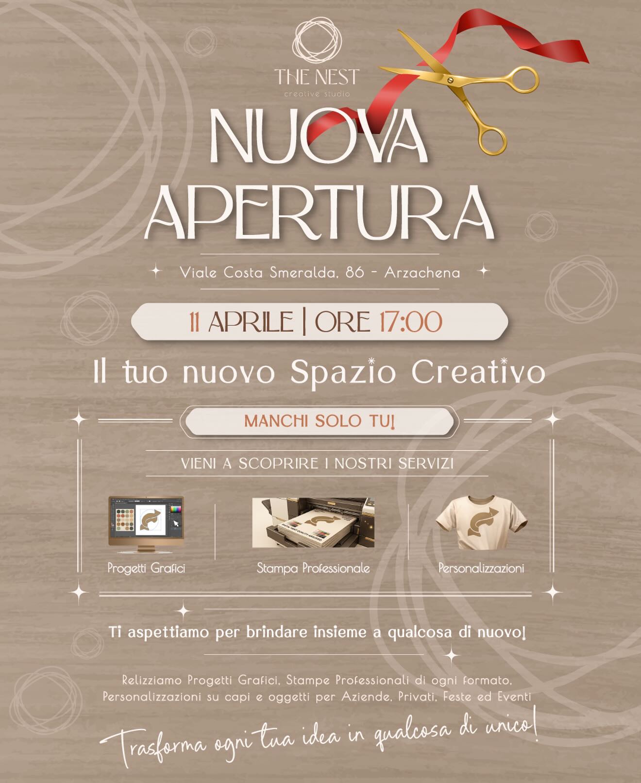 È tutto pronto - o quasi!✨
Dopo settimane di lavoro, idee, emozione e un po’ di caos… The Nest apre finalmente le porte!
Uno spazio creativo dedicato a grafica, stampa e personalizzazioni, pensato per aziende, privati, feste ed eventi.
Domani vi aspetto per l’inaugurazione, per vedere insieme il risultato e condividere l’inizio di questa nuova avventura ❤️
📅 Sabato 11 aprile
📍 Viale Costa Smeralda 86
🕒 dalle ore 17:00
#thenest #inaugurazione #nuovaapertura #grandopening #graphicdesign