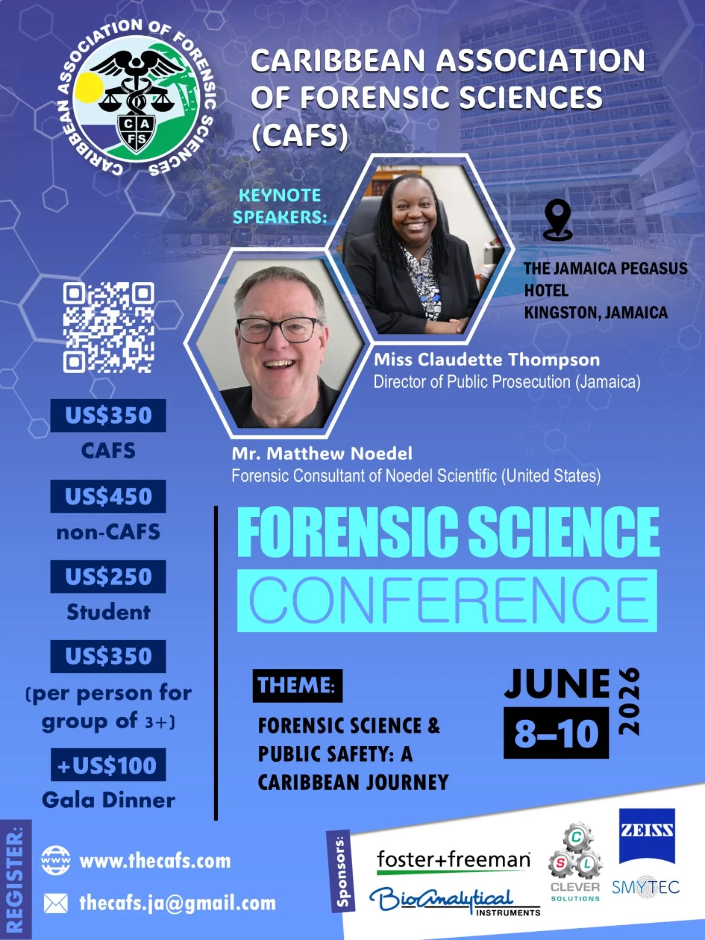 The Caribbean Association of Forensic Sciences (CAFS) is heading to Kingston, Jamaica, for the 2026 Forensic Science Conference. Whether you're a seasoned professional, a student, or part of a legal team, this is the premier event to explore the intersection of science and public safety in the Caribbean.
📍 Event Details
Theme: Forensic Science & Public Safety: A Caribbean Journey
Dates: June 8–10, 2026
Location: The Jamaica Pegasus Hotel, Kingston, Jamaica
🎙️ Keynote Speakers
We are honored to host:
Miss Claudette Thompson – Director of Public Prosecution (Jamaica)
Mr. Matthew Noedel – Forensic Consultant, Noedel Scientific (USA)
🎟️ Registration Rates
CAFS Members: US$350
Non-Members: US$450
Students: US$250
Groups (3+): US$350 per person
Gala Dinner: +US$100
🔗 How to Register:
Visit www.thecafs.com, scan the QR code in the flyer or use the link in our bio!
For inquiries, reach out to thecafs.ja@gmail.com.
Special thanks to our sponsors: foster+freeman, BioAnalytical Instruments, Clever Solutions, ZEISS, and SMYTEC.