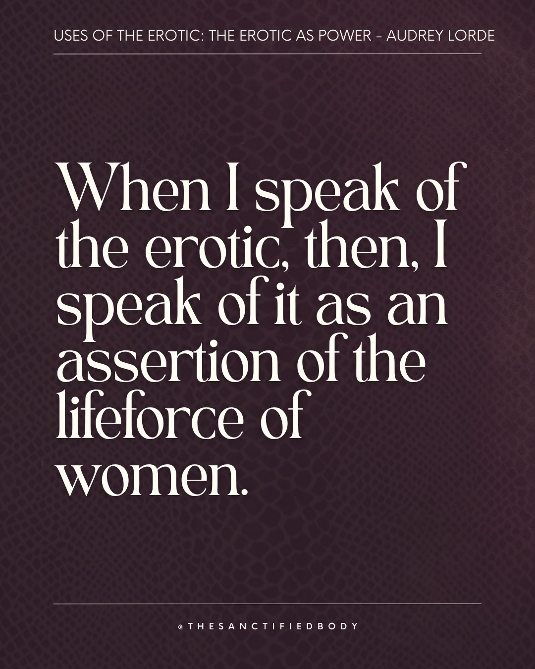 Reverence to Audrey Lorde who restored the word Erotic.
She experienced the potent force of Eros in her own body to end any forms of repression.
Our Eros pulses a Such potent force which explains the distortions around the word Erotic.
These distortions are the root of the fears of many women, preventing them from fully inhabiting and reclaiming their Erotic current.
Erotic is rooted in the God of Love, Eros who was represented as a chthonic Snake.
My upcoming series EROS INNOCENCE centered around the Serpent has been created in devotion to the restoration of our primordial Feminine power, our sexual energy for a Sovereignty rooted into a paradigm beyond dynamics of patriarchy as an ethos of control, domination and oppression.
šall info about EROS INNOCENCE in bio
#womenempowerment #wombwellness #wombwisdom #femininerising #sacredfeminine