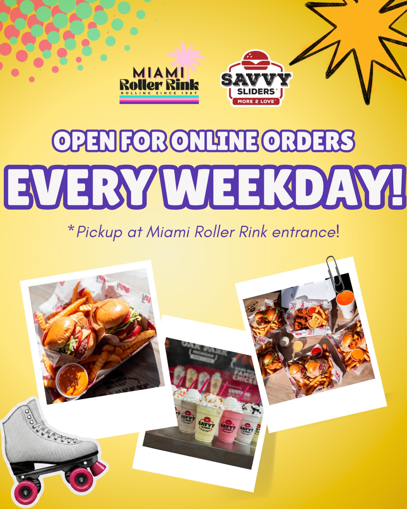 That’s Right! 🔥 We’re accepting online orders for your Savvy’s Sliders favorites EVERY WEEKDAY! 🛼🍔
Order your go-to slider combo, chicken fingers or family boxes for PICK UP all week long between 11 AM - 10 PM.
Order ahead, skip the wait, and make lunch or dinner plans easier! (No rolling be necessary.)
Click the link in bio or SLIDE into our DMs for more info!
#miamirollerrink #savvysliders #miamieats #hotwheels