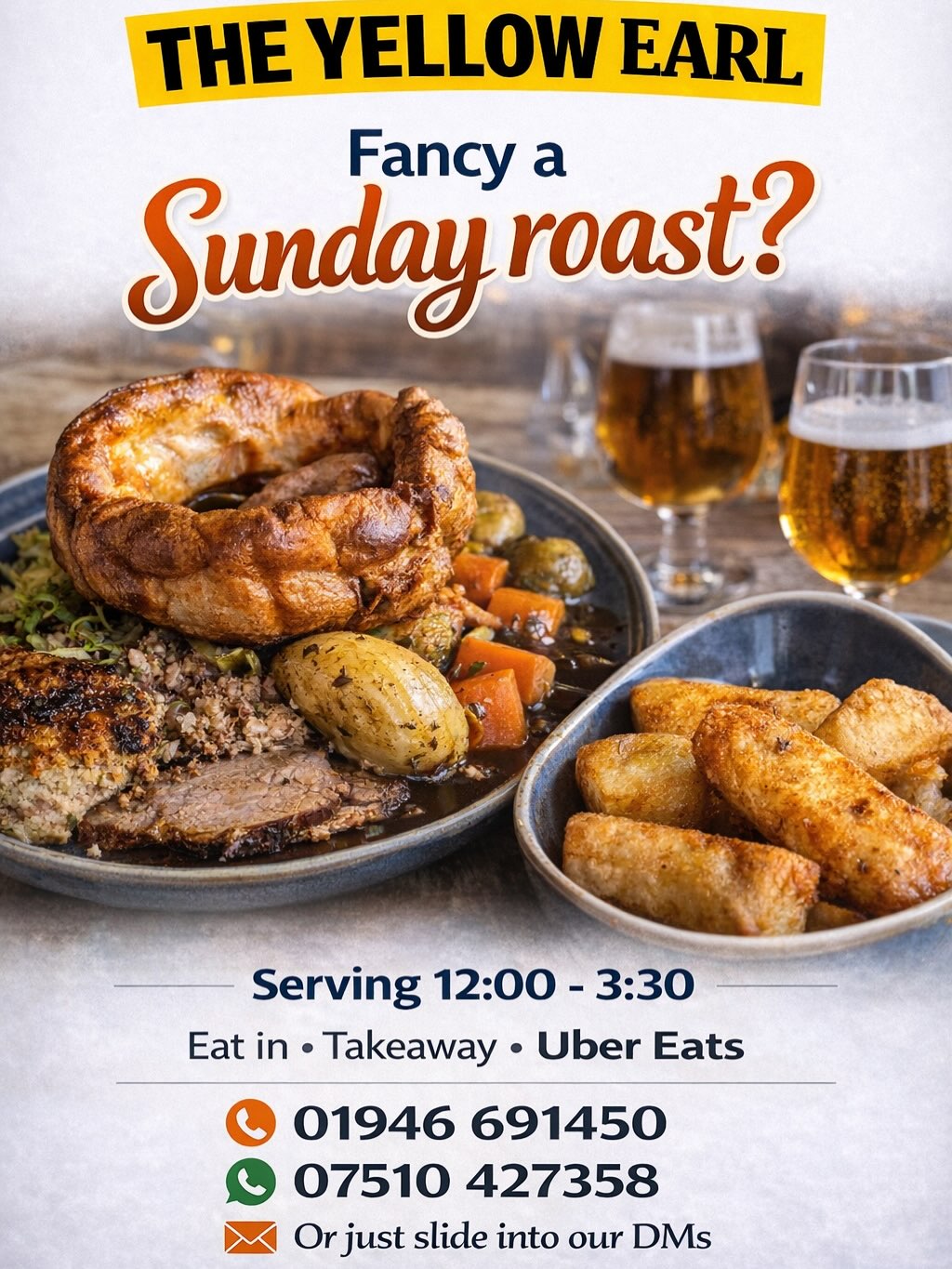 Sunday Roasts🍴
Chicken, Ham,Lamb and beef Sunday dinners available today
Full menu also available
COLLECTION ROASTS - Receive 15% on all collection orders!
🤸 Kids can enjoy
Roast dinner
Sausage & chips
Chicken bites & chips
Cheese burger & fries
From £6.95
🍰 Desserts
Sticky toffee pudding
Chocolate fudge cake
Full menu is also available
🥡 Collect
🚗 Get it delivered straight to your door call 01946 691450
📞 Contact us on 01946 691450 or send us a dm
📱 WhatsApp: 07510 427358