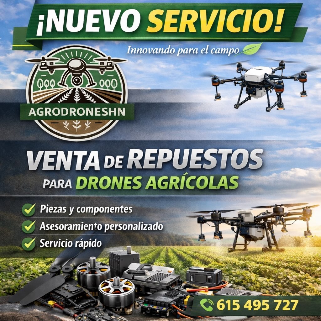 ¡Novedad en AGRODRONESHN!
🔧 Ya disponible la venta de repuestos para drones agrícolas.
📲 615 495 727
👉 Tu dron siempre listo para trabajar
#DronesAgrícolas #RepuestosDrones #agrotecnología