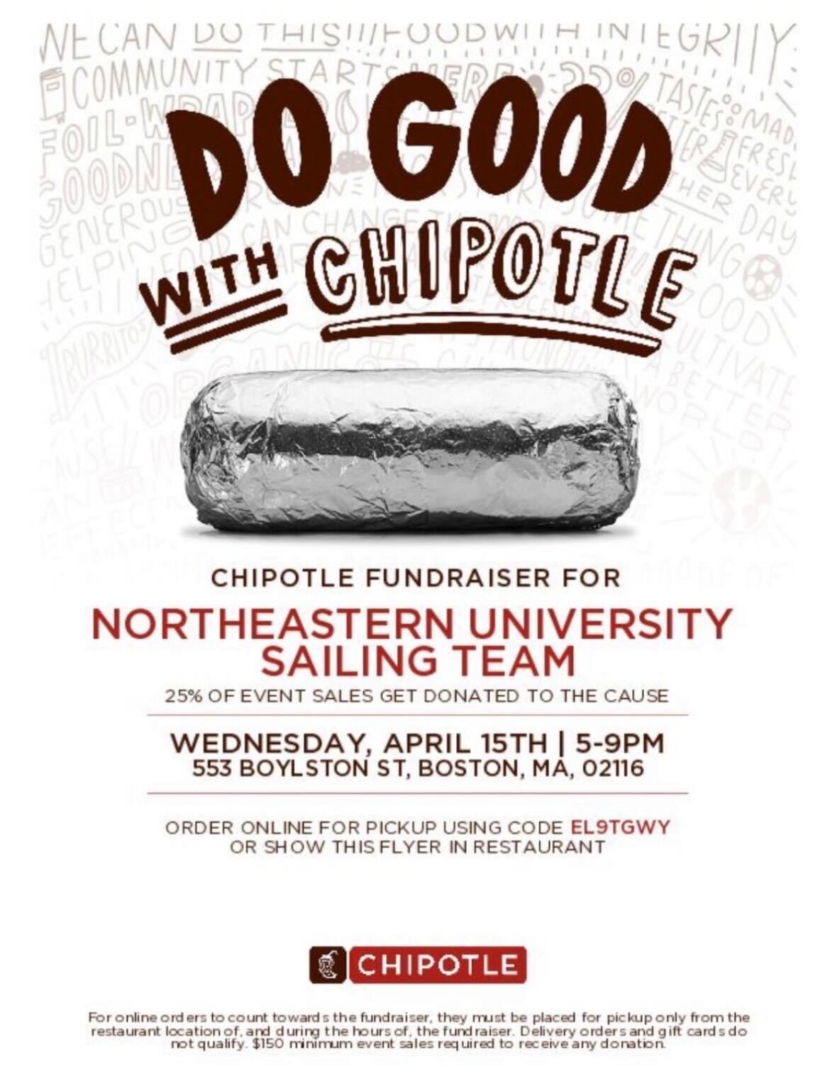 If you didn't donate for Giving Day, come to our Chipotle Fundraiser TONIGHT! Time: 5-9pm
Where: CHIPOTLE Boylston St.
Who: NUDST + FRIENDS
***MAKE SURE to use the code EL9TGWY if you are ordering online OR show the flyer IN PERSON!