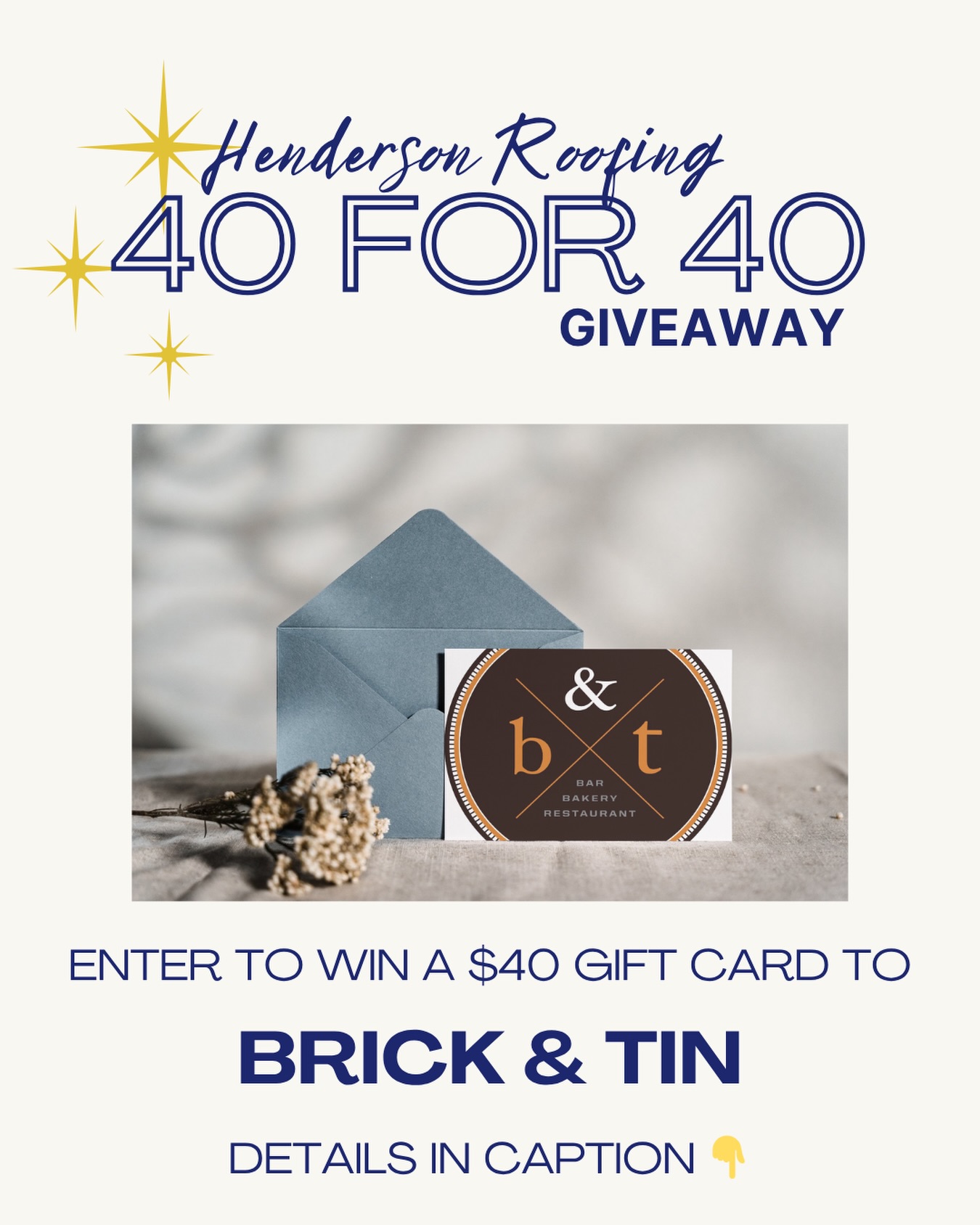 🎉40 FOR 40 GIVEAWAY🎉
Win a $40 gift card to Brick & Tin!
How to enter:
1. Follow @hendersonroofing
2. Like this post
3. Tag a friend in the comments
4. Share this post
Winner will be announced on 5/22 from this page. Dont forget to hop over to our Facebook account and enter there too for an extra chance! 👀