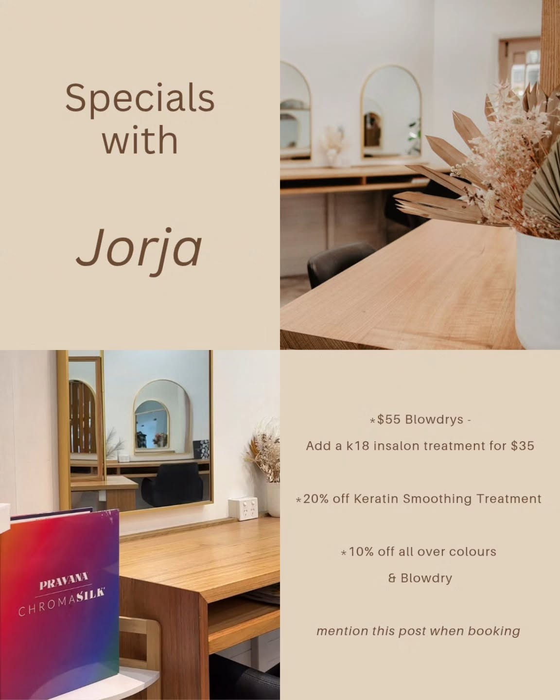 🌟Specials with Jorja 🌟
We’re now offering a range of Emerging Stylist specials with Jorja 🤍
Whether you’re after blowdry, a nourishing treatment, a colour refresh, or a keratin smoothing treatment to tame frizz and enhance manageability, Jorja has you covered.
Bookings available via the link under Emerging Stylist, or feel free to message us to secure your appointment